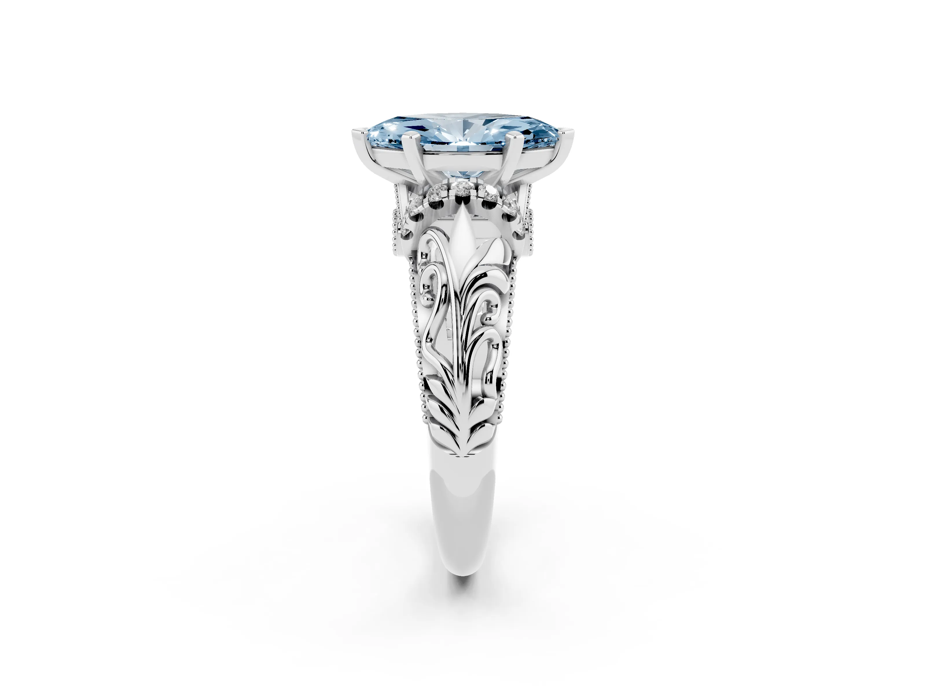 Fancy Blue Marquise Cut Diamond Filigree Halo Engagement Ring Set in White gold with Prong Setting