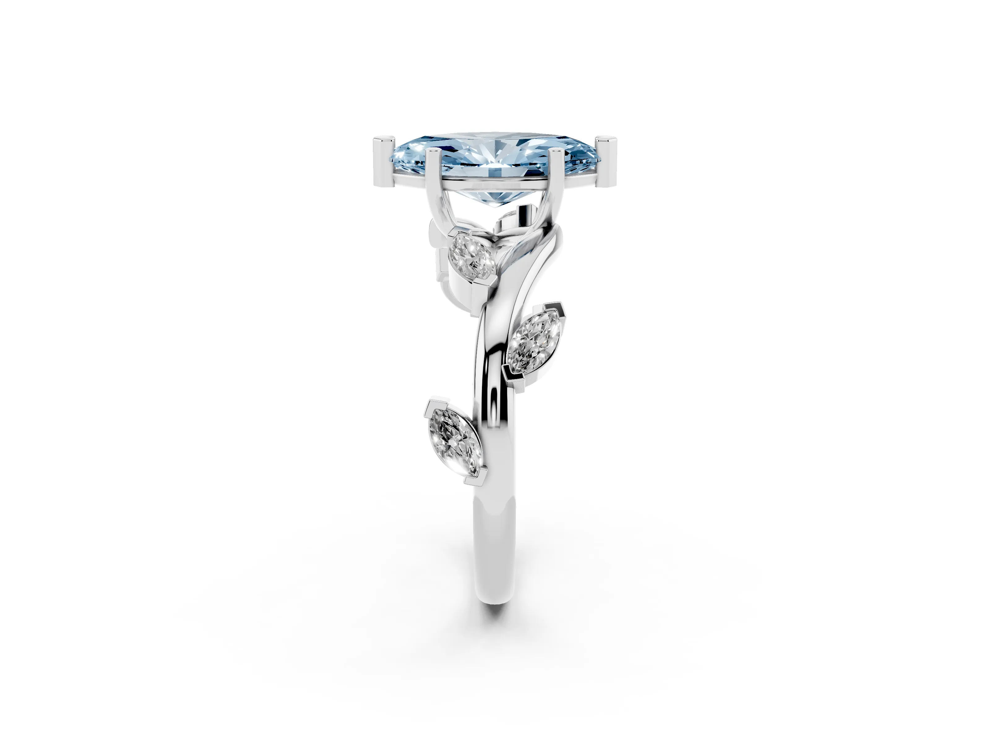 Fancy Blue Marquise Cut Diamond Solitaire Ring Set in White gold with Twisted Marquise Accent Band