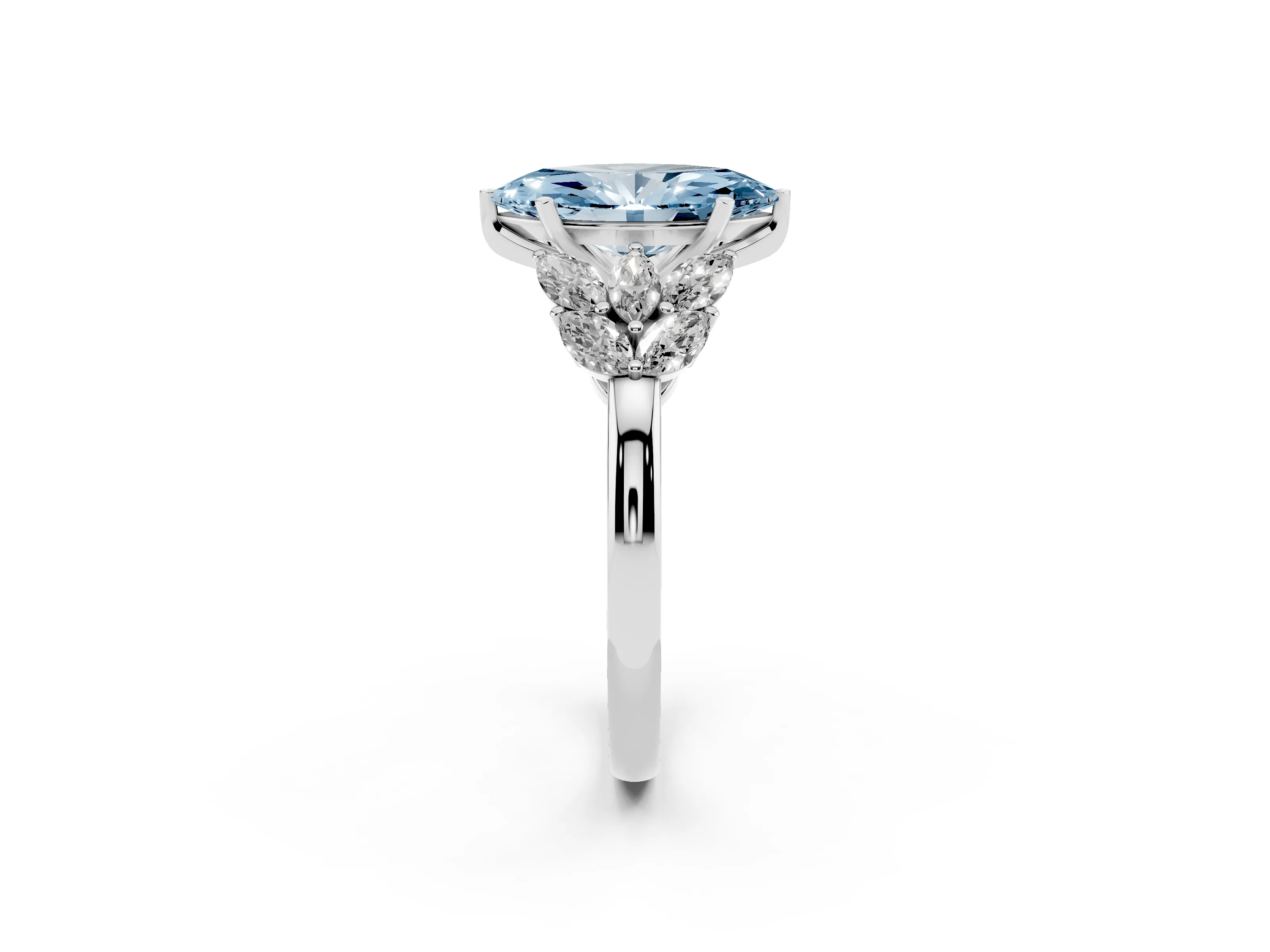 Fancy Blue Marquise Cut Diamond Cluster Leaf Design Ring Set in Platinum with Prong Setting