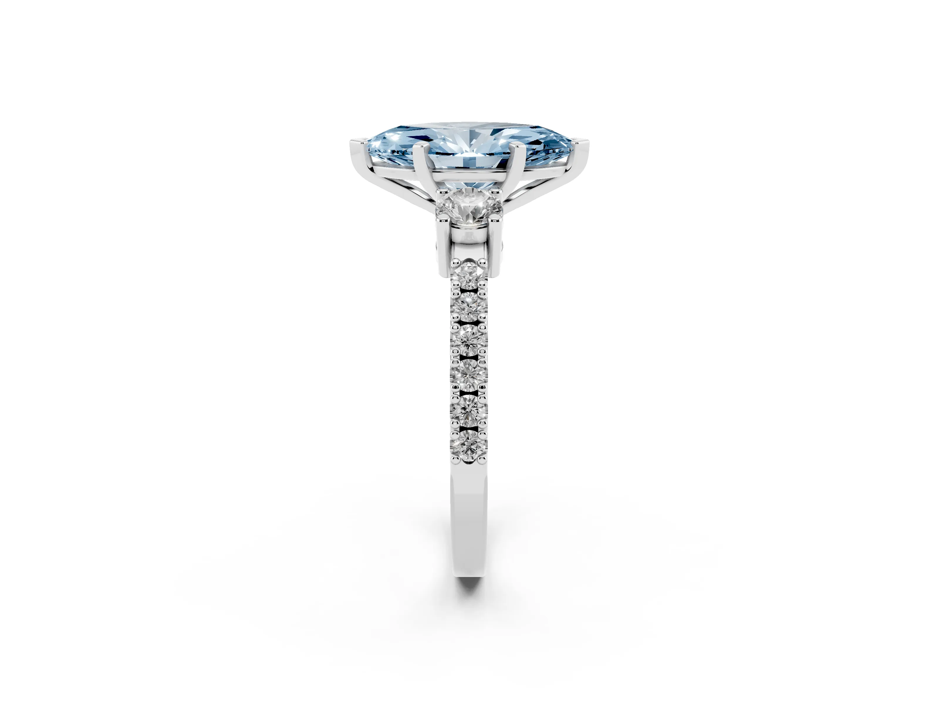 Fancy Blue Three-Stone Marquise Cut Diamond Pavé Band Ring Set in Silver with Prong Setting