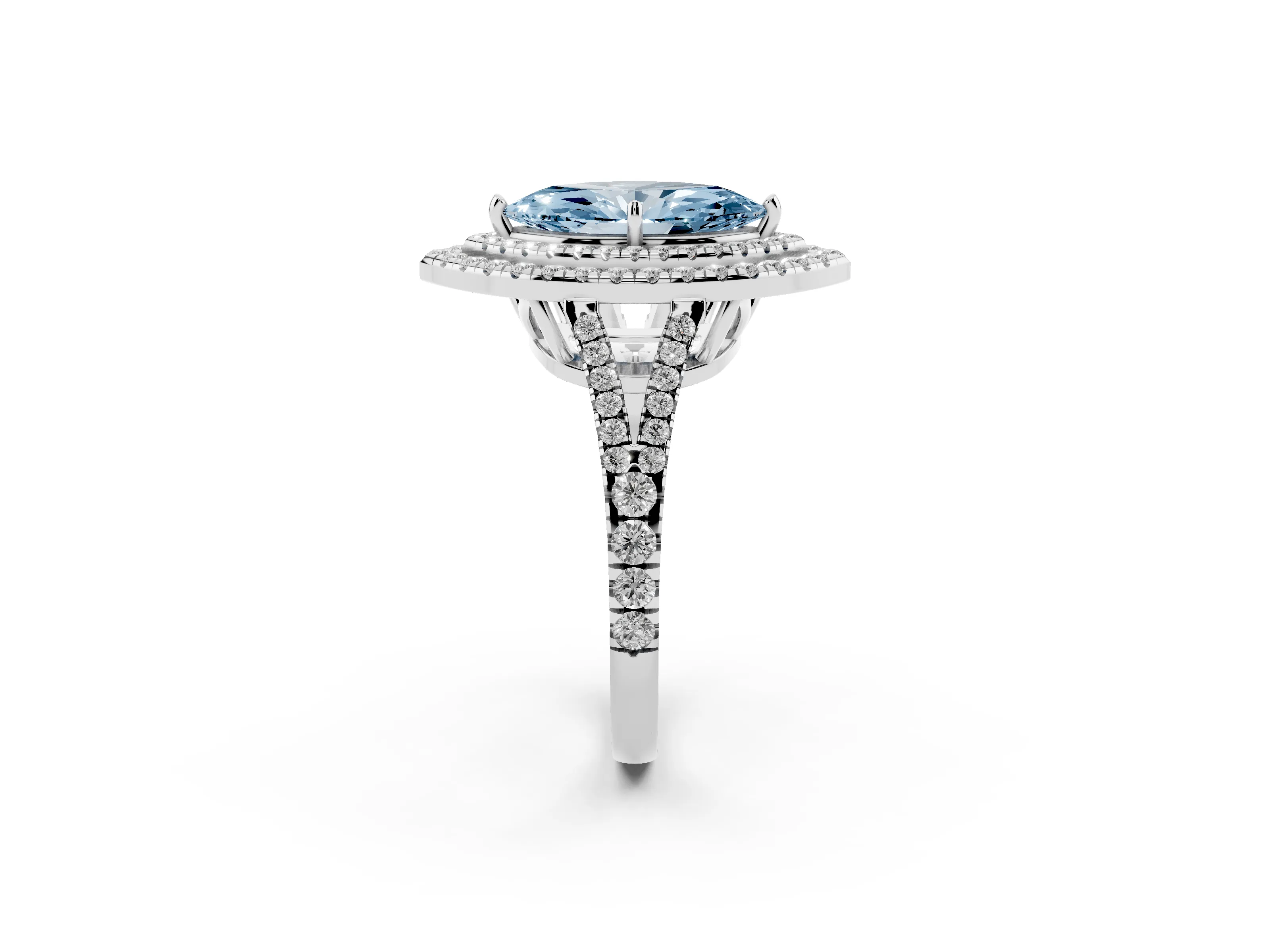 Fancy Blue Marquise Cut Diamond Double Halo Ring Set in Silver with Pavé Band