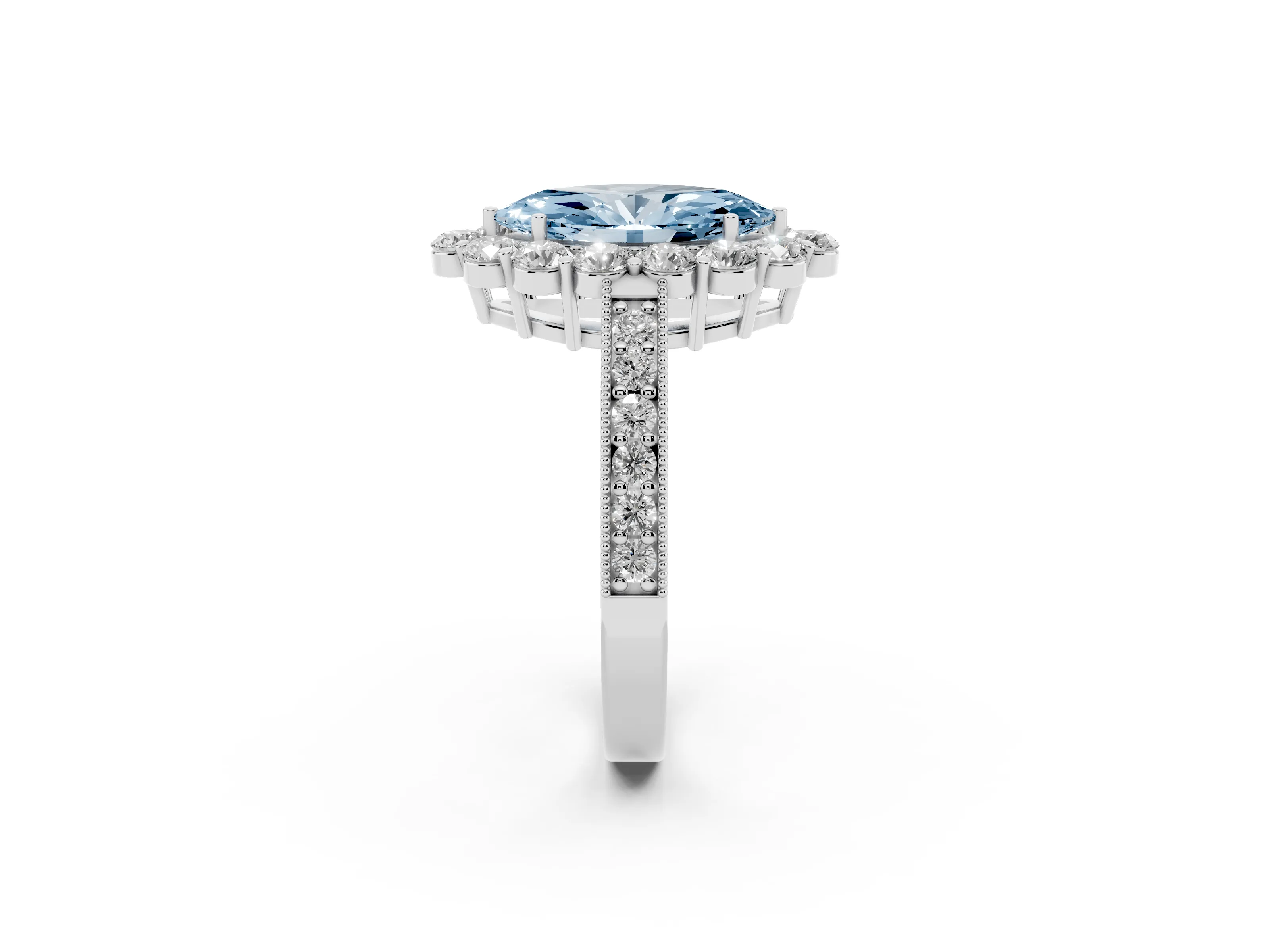 Fancy Blue Marquise Cut Diamond Halo Pavé Engagement Ring Set in Platinum with Milgrain Detailing
