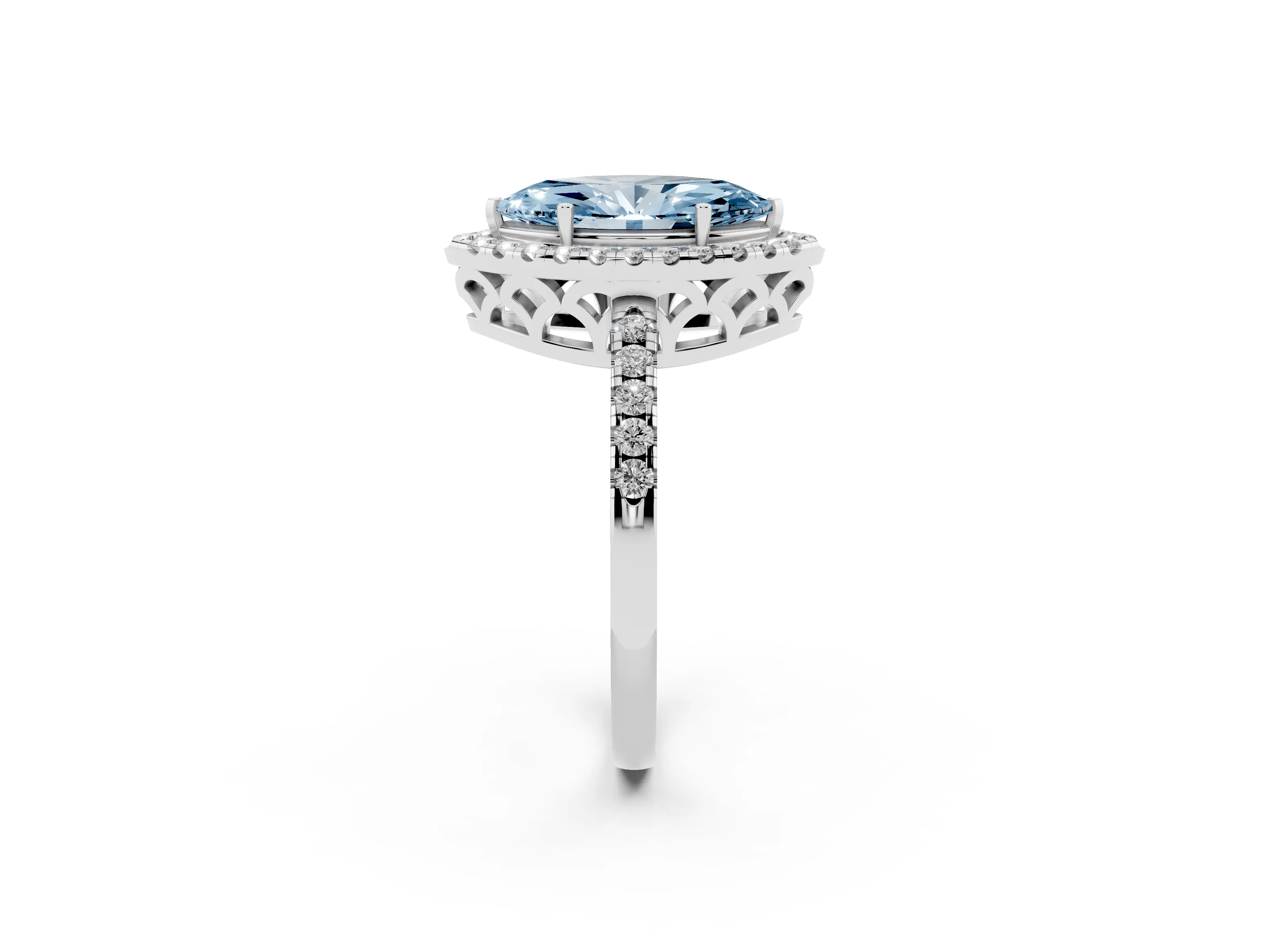 Fancy Blue Marquise Cut Diamond Pavé Band Halo Engagement Ring Set in Platinum with Prong Setting