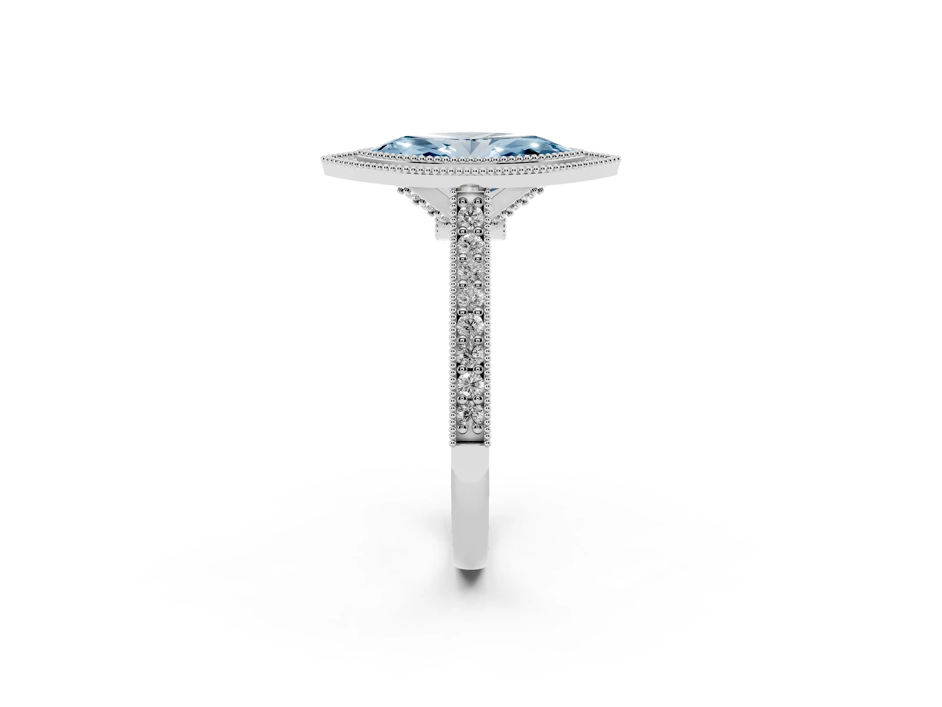 Fancy Blue Marquise Cut Diamond Halo Milgrain Pavé Band Ring Set in White gold with Prong Setting