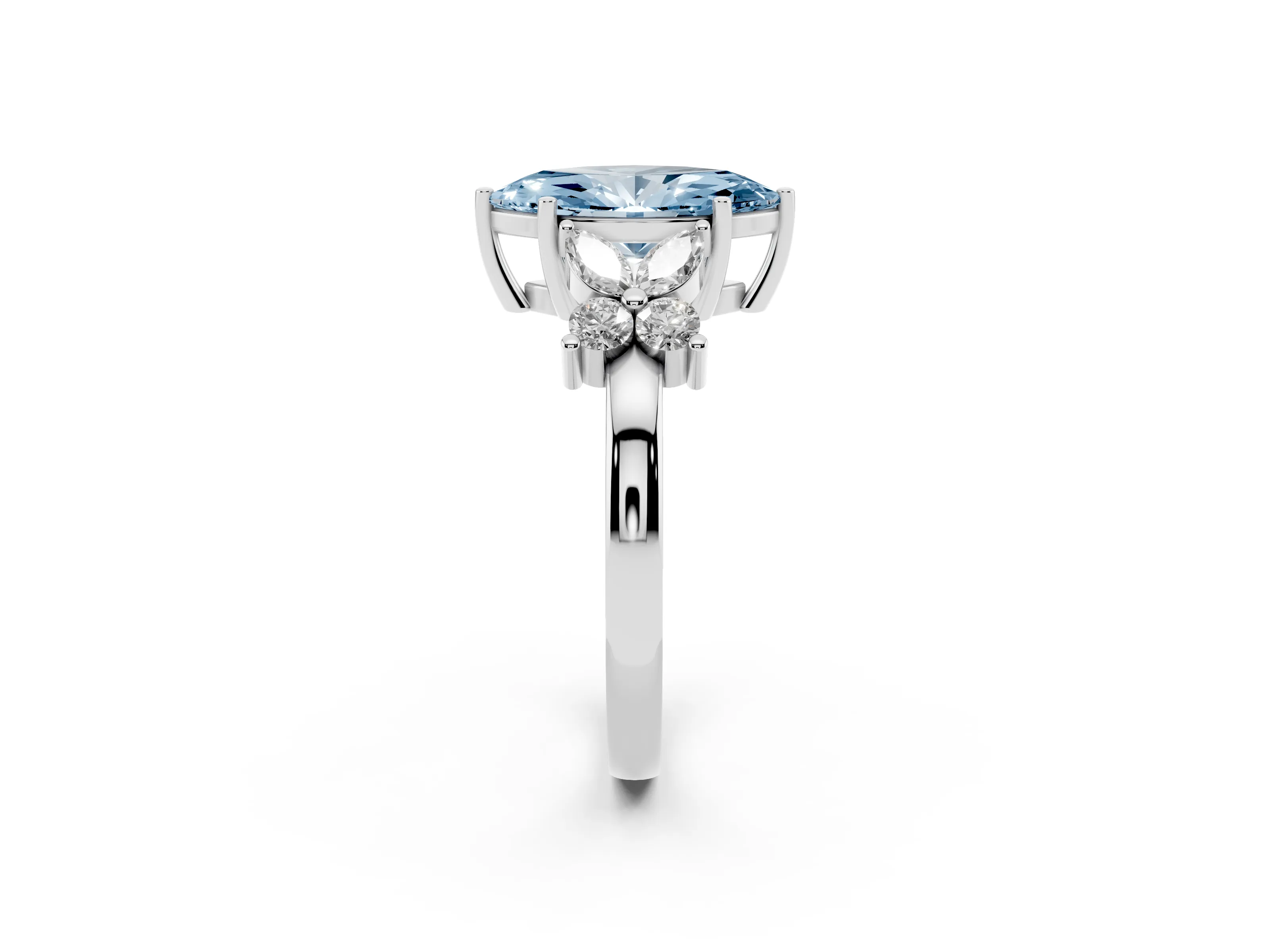 Fancy Blue Marquise Cut Diamond Floral Cluster Ring Set in Silver with Marquise Petals and Prong Setting