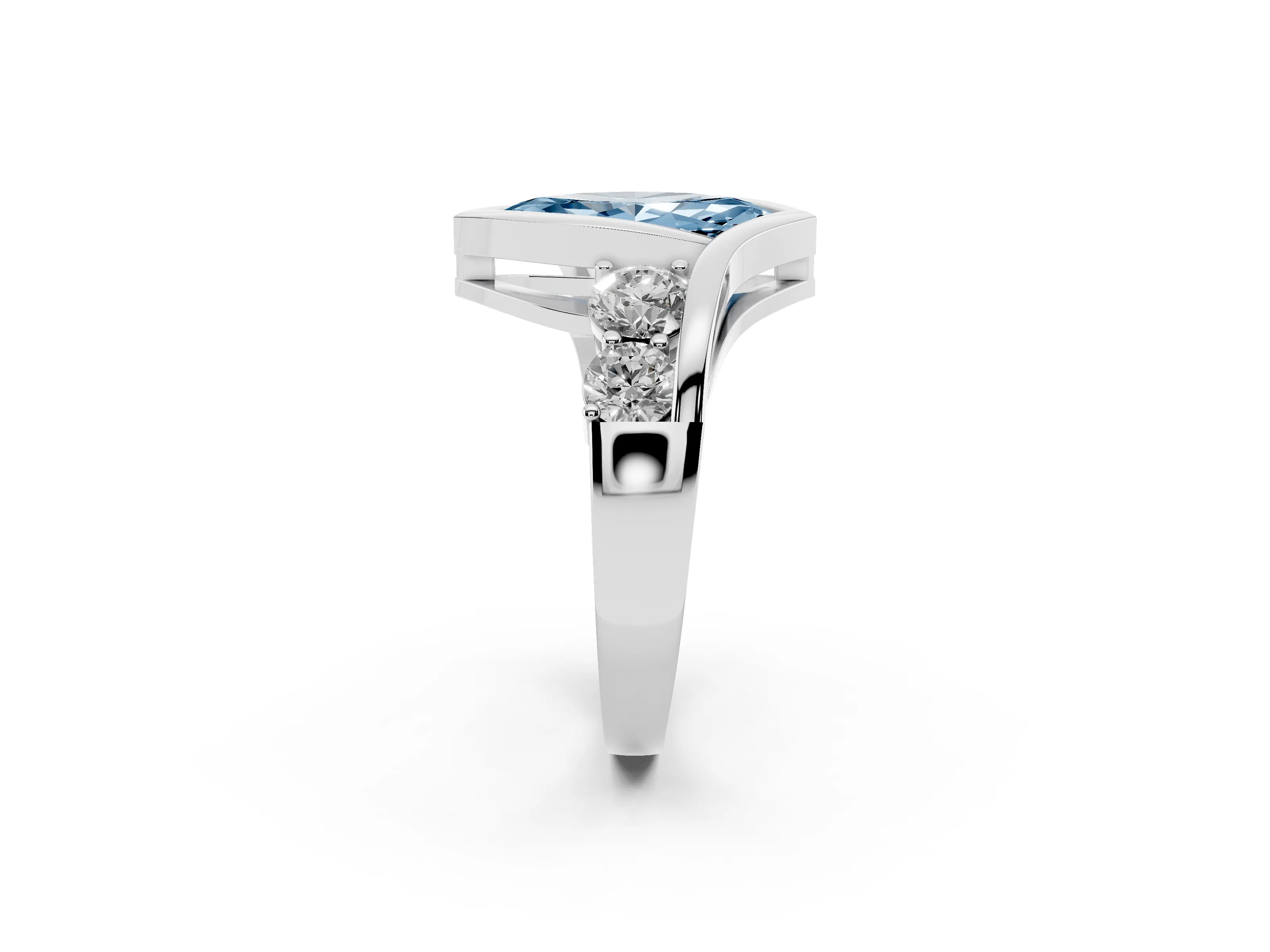 Fancy Blue Marquise Cut Diamond Bezel Bypass Ring Set in Platinum with Round Accents