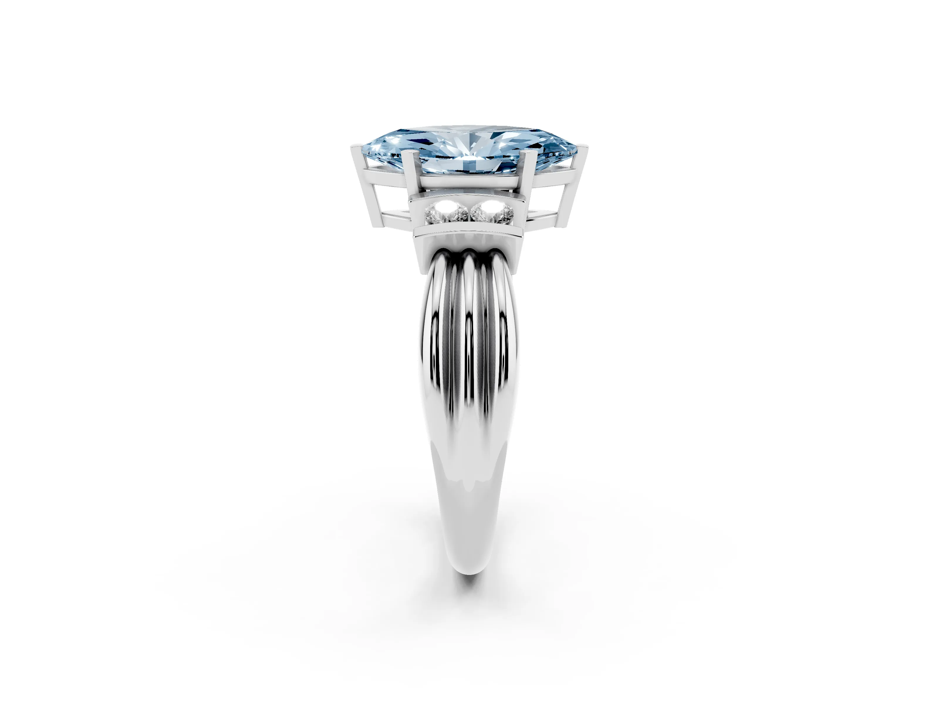 Fancy Blue Three-Stone Marquise Cut Diamond Channel Set Ring Set in Platinum with Bar Prongs