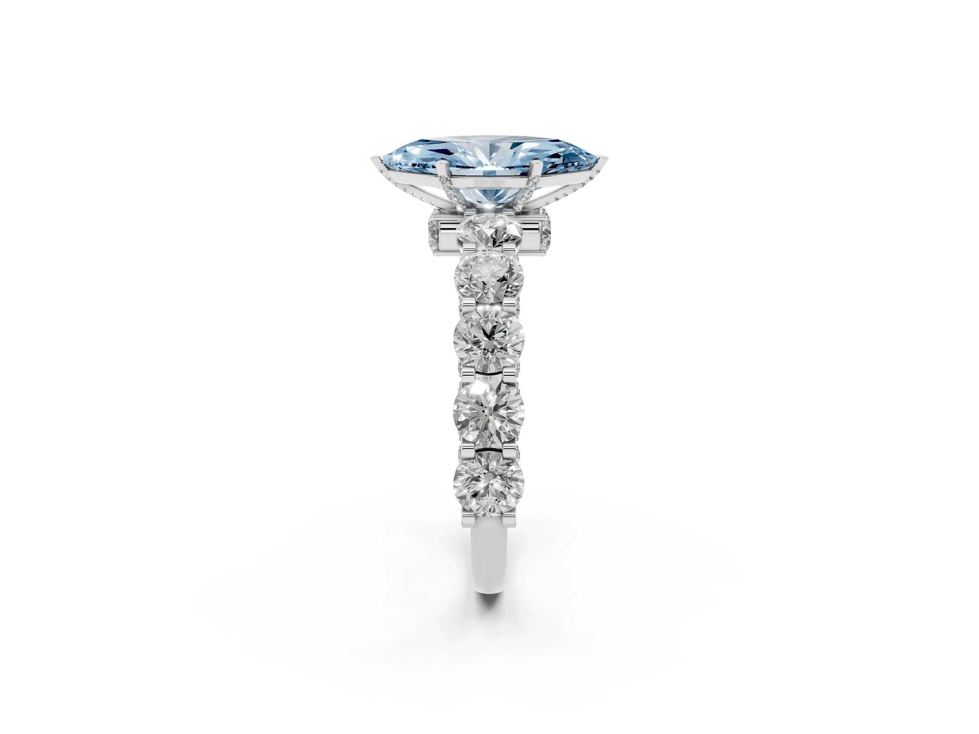 Fancy Blue Marquise Cut Diamond Side Stone Ring Set in Silver with Alternating Round and Oval Side Stones