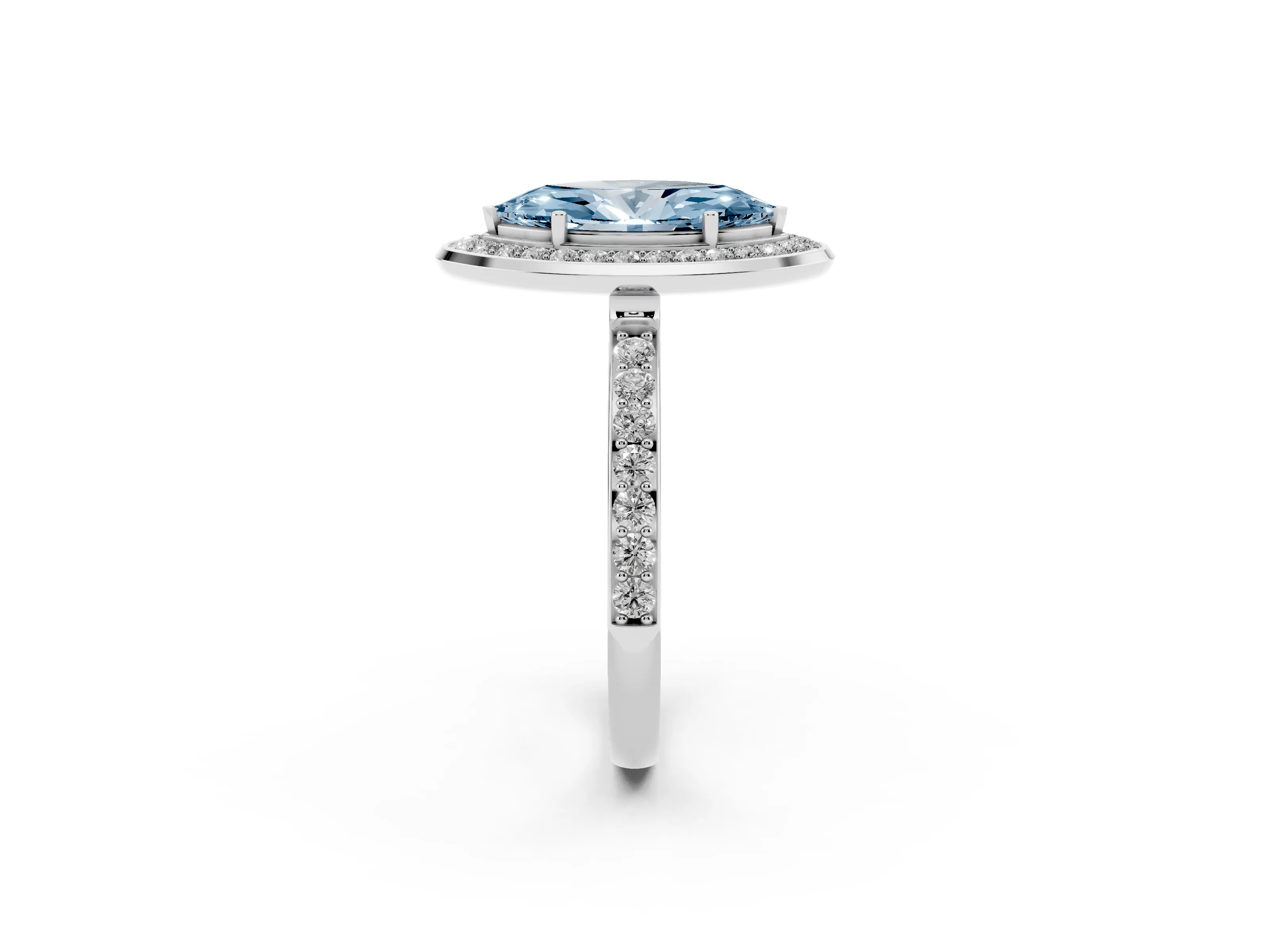 Fancy Blue Marquise Cut Diamond Halo Ring Set in White gold with Bezel Frame and Pavé Band