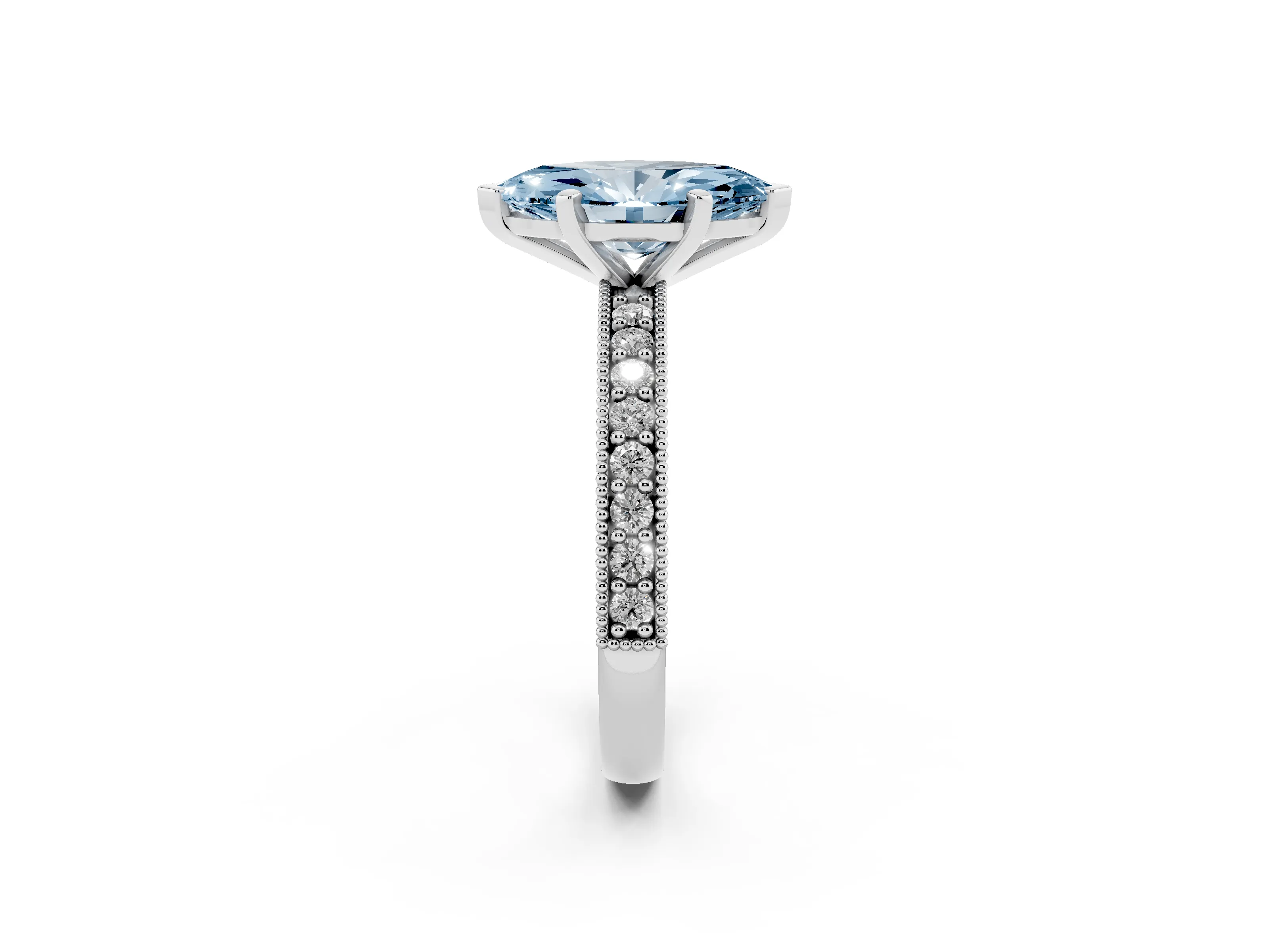 Fancy Blue Marquise Cut Diamond Milgrain Pavé Engagement Ring Set in Platinum with Prong Setting
