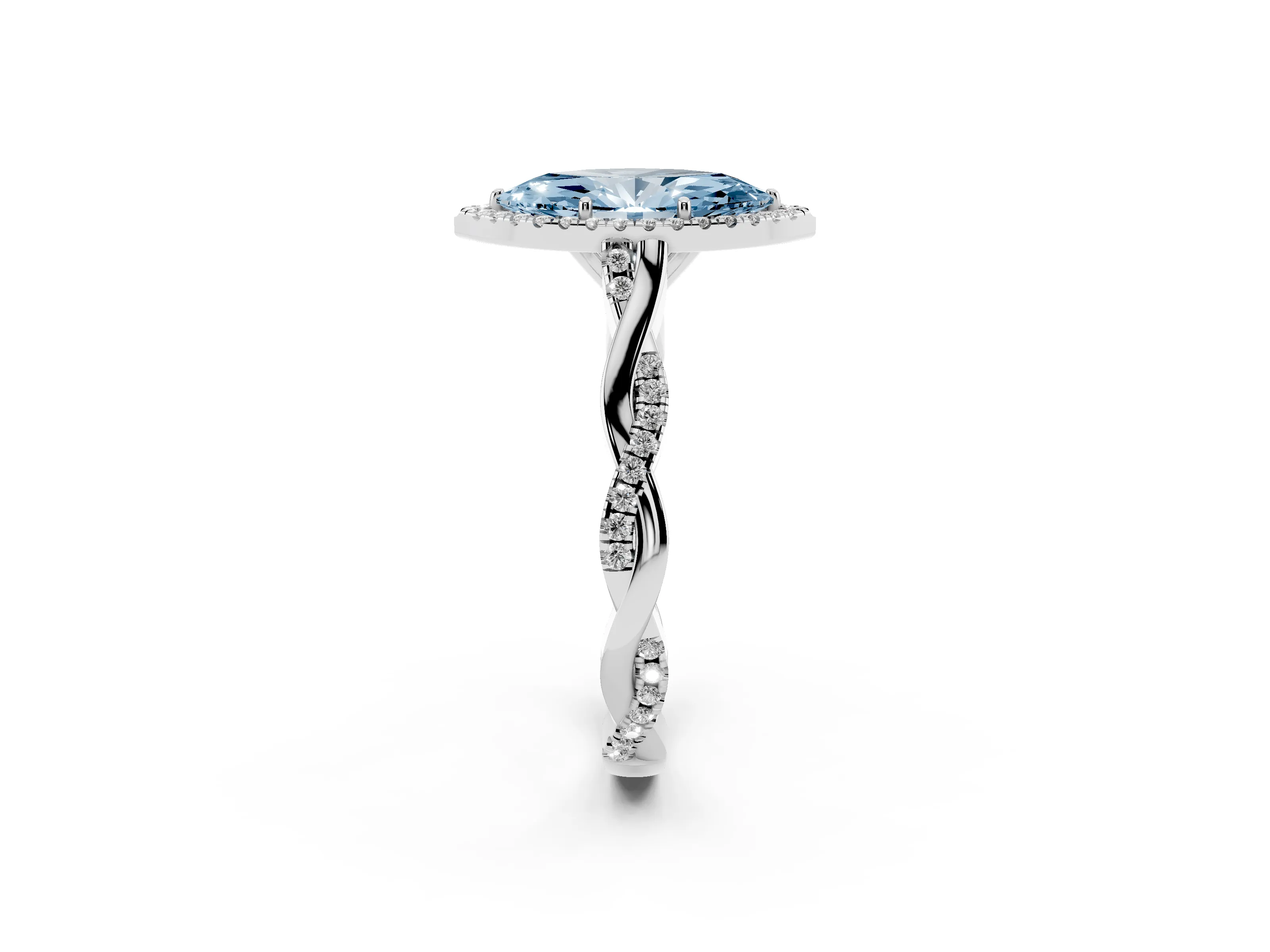 Fancy Blue Marquise Cut Diamond Halo Twist Band Solitaire Ring Set in White gold with Prong Setting