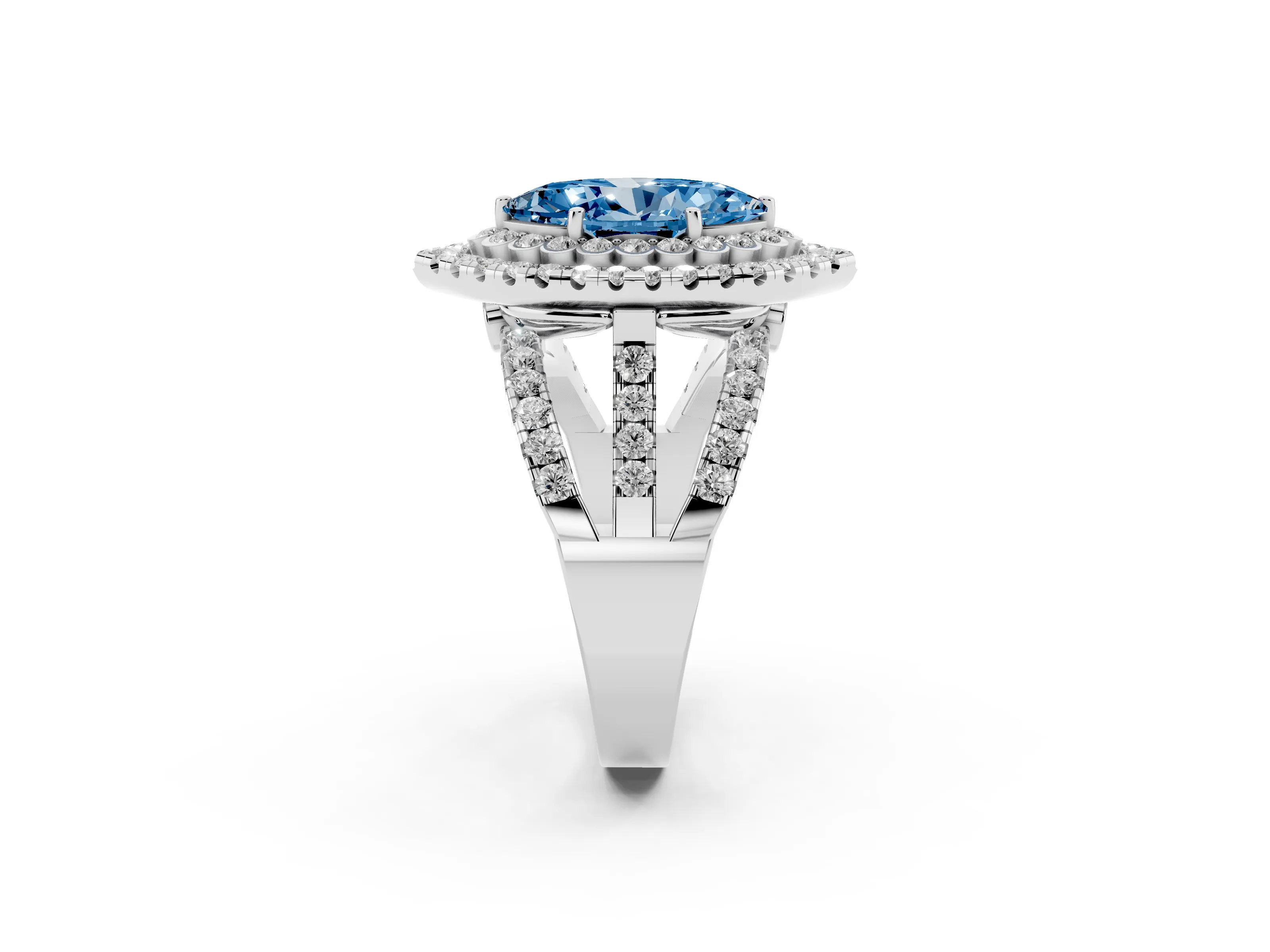 Fancy Blue Marquise Cut Diamond Double Halo Ring Set in White gold with Round Pavé Split Shank