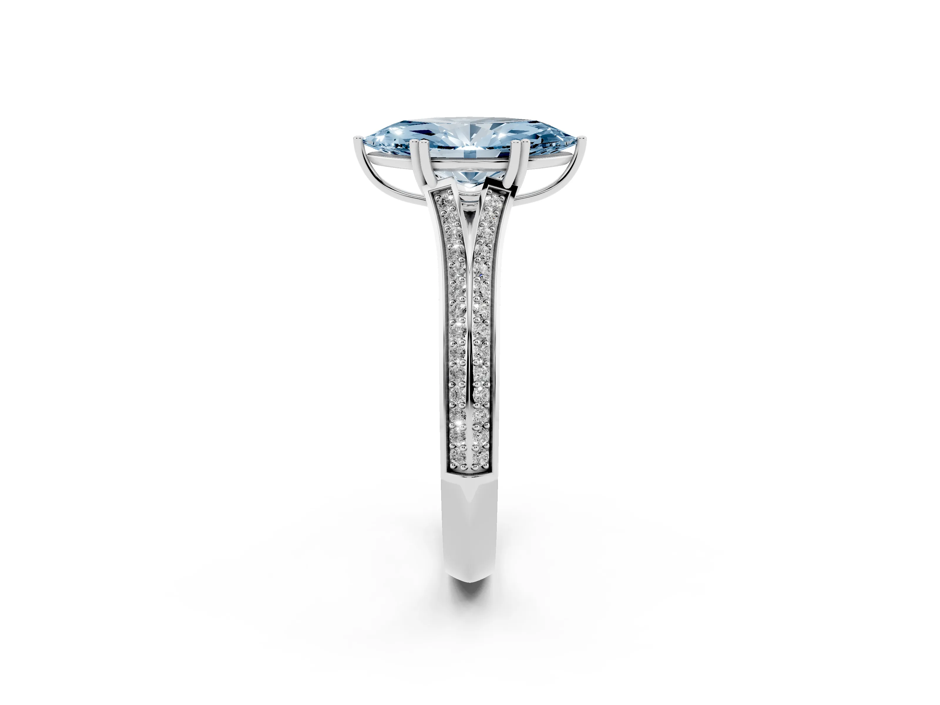 Fancy Blue Marquise Cut Diamond Split Shank Pavé Engagement Ring Set in White gold with Prong-Set Center Stone
