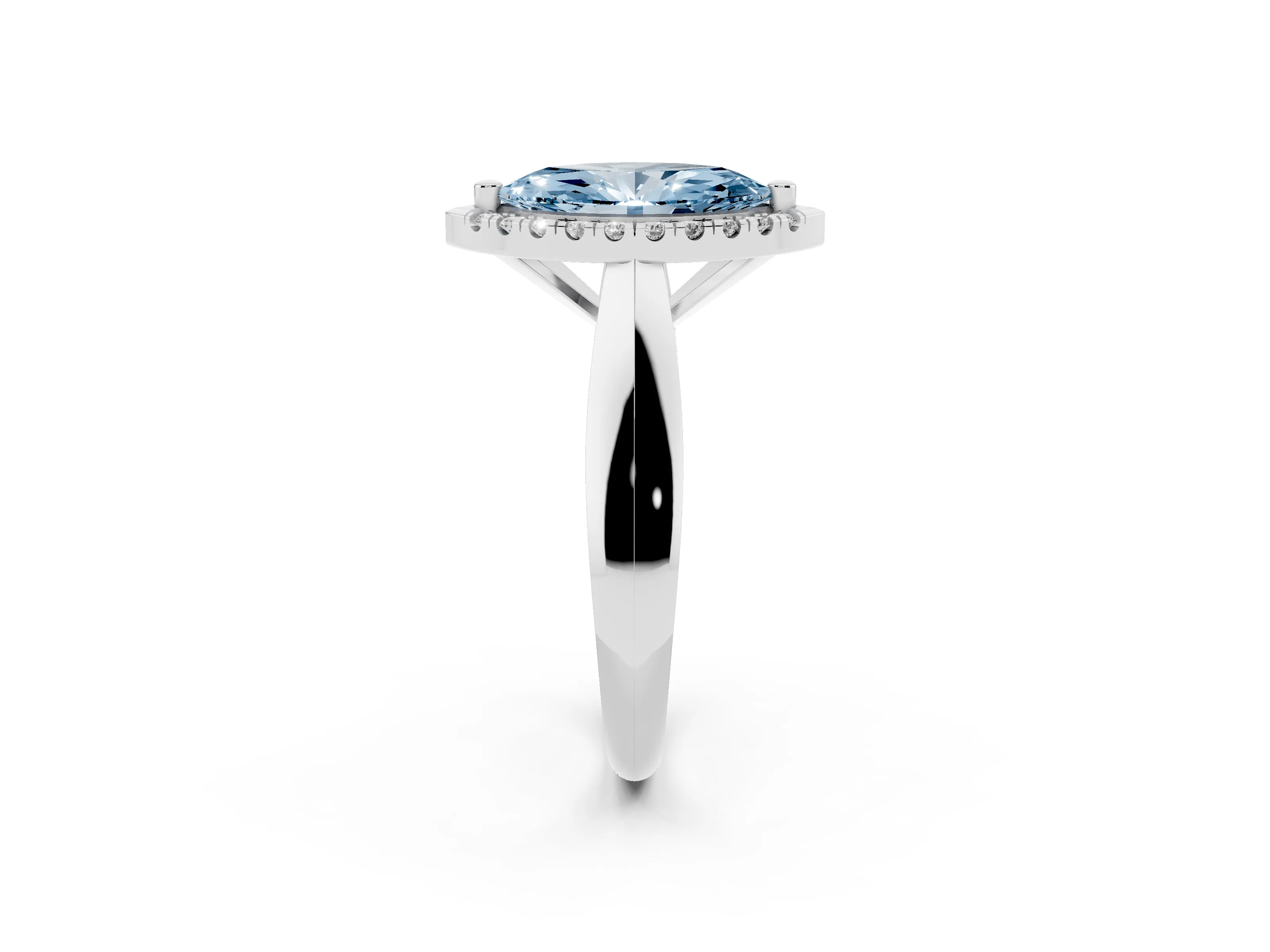 Fancy Blue Marquise Cut Diamond Halo Solitaire Engagement Ring Set in Platinum with Square Band and Prong Setting