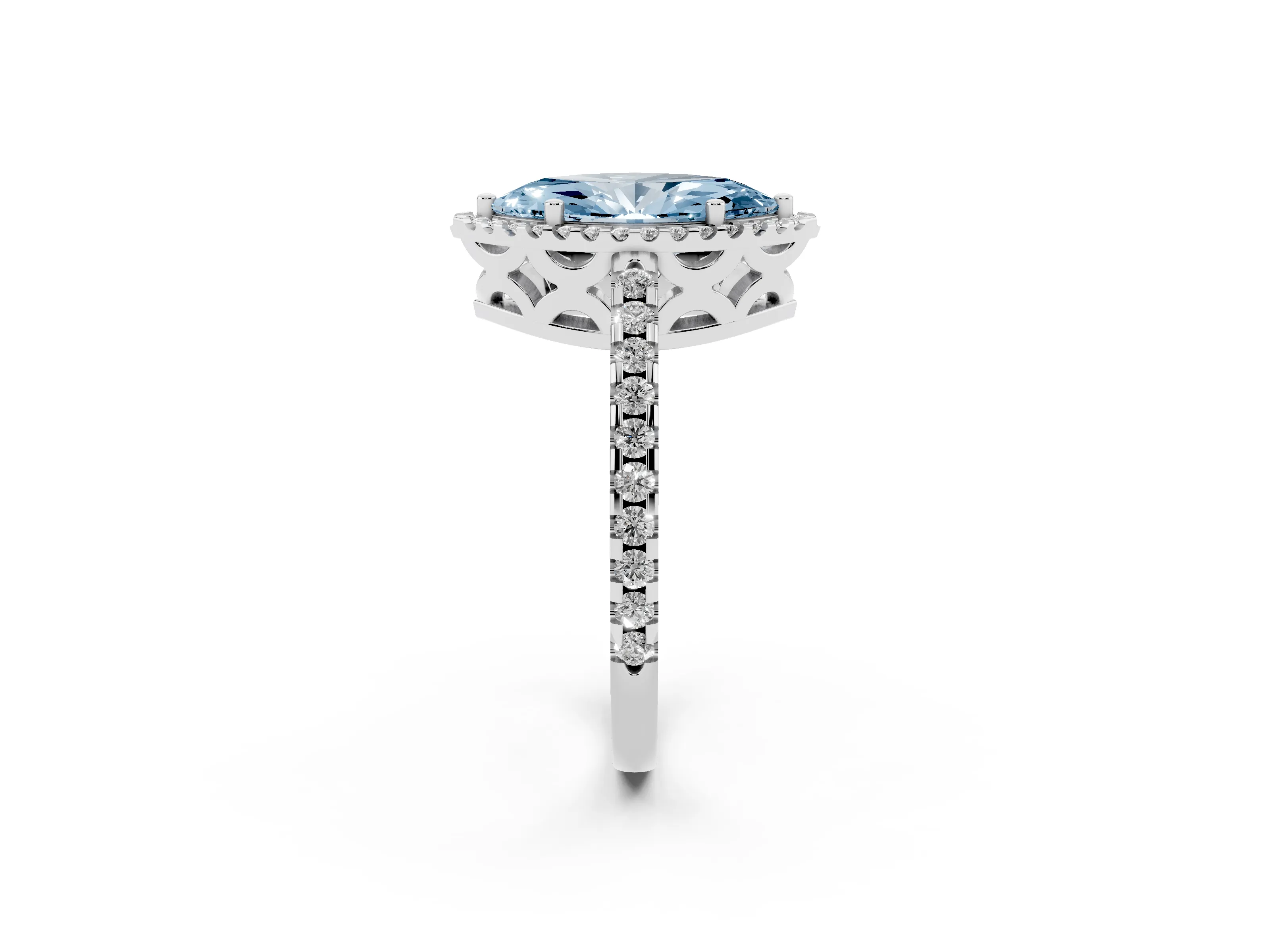 Fancy Blue Marquise Cut Diamond Halo Ring Set in Silver with Pavé Shoulders and Halo-Framed Center