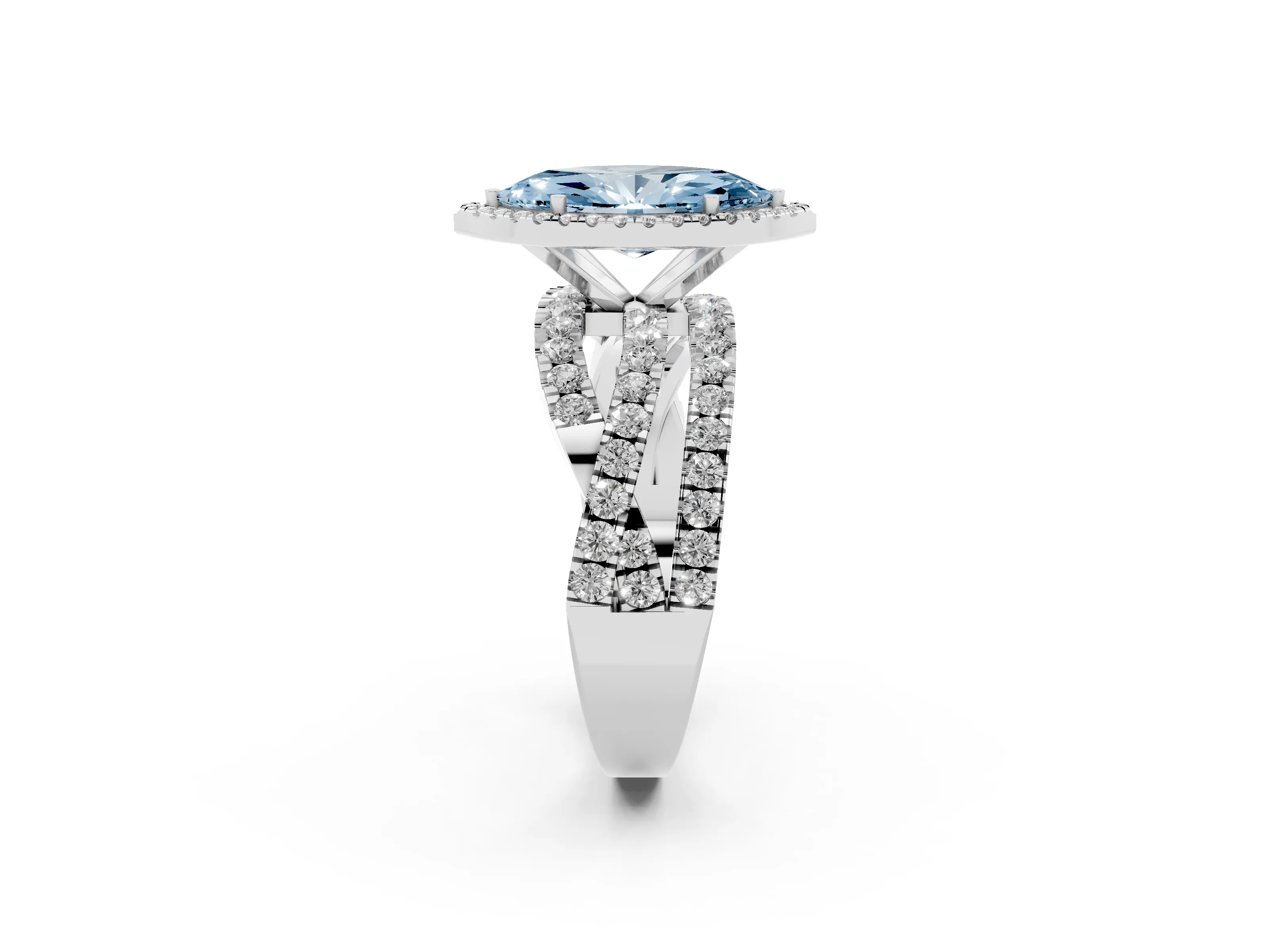 Fancy Blue Marquise Cut Diamond Halo Ring Set in White gold with Round Crossover Split Shank and Prong Setting