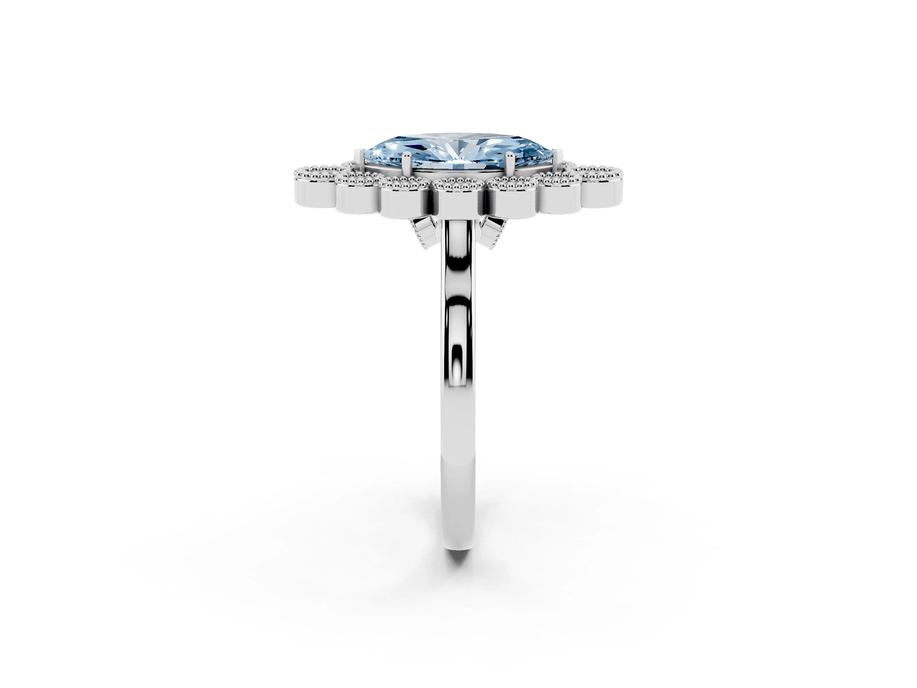 Fancy Blue Marquise Cut Diamond Cluster Halo Ring Set in Silver with Milgrain Bezel Accents and Plain Band