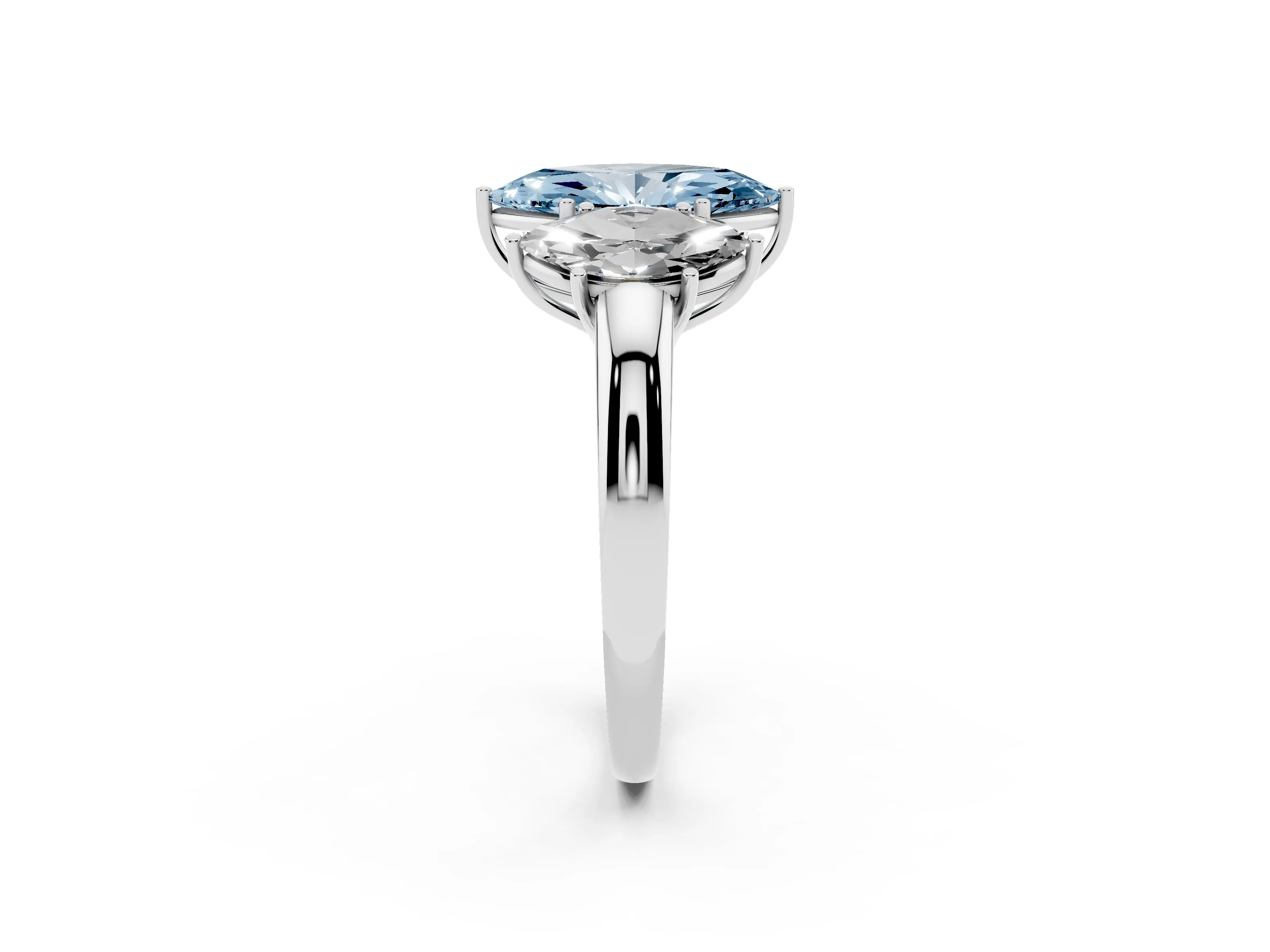 Fancy Blue Marquise Cut Diamond Three-Stone Ring Set in White gold with Bold Center and Classic Band