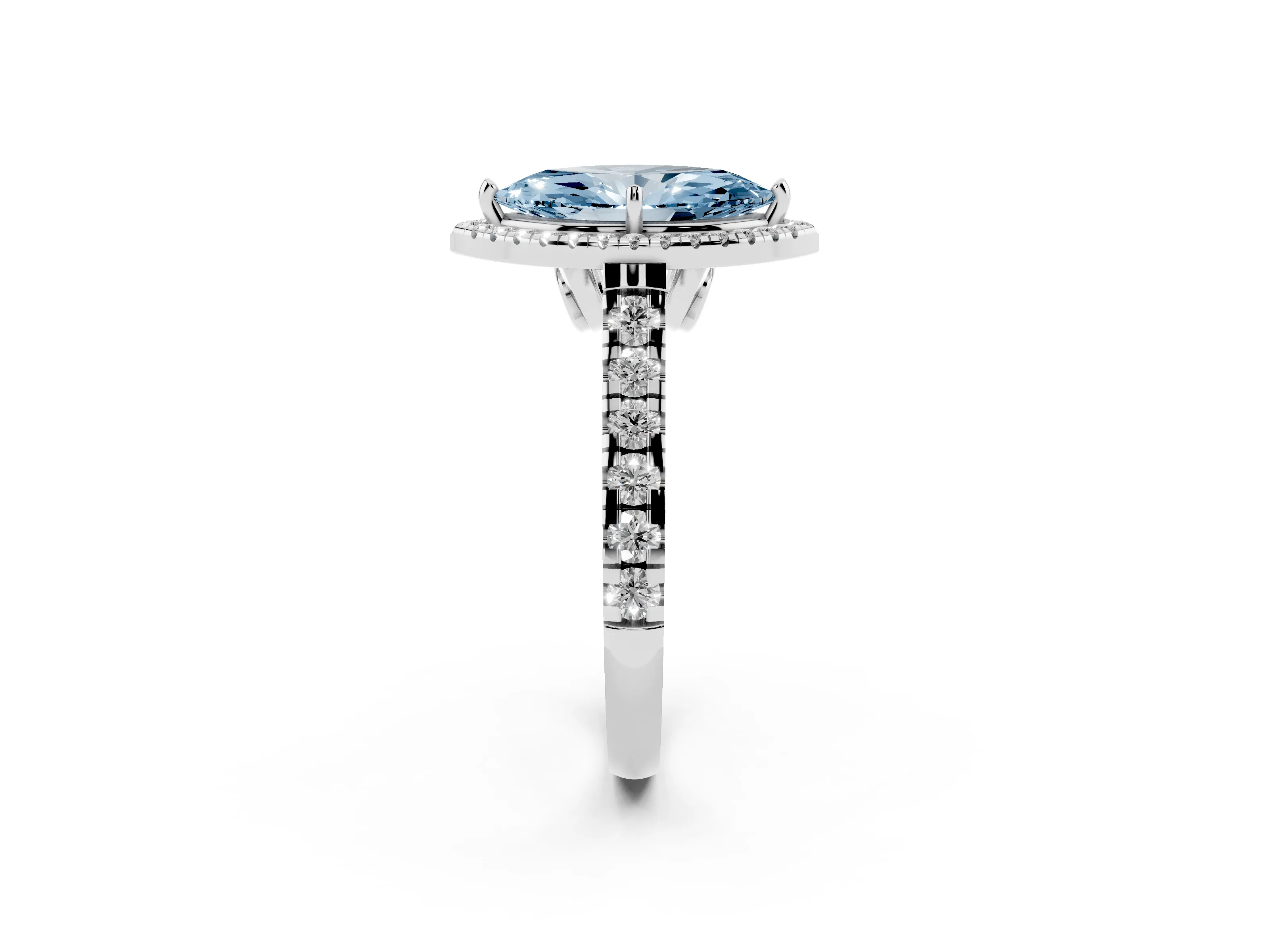 Fancy Blue Marquise Cut Diamond Halo Engagement Ring Set in White gold with Pavé Band and Prong-Set Center