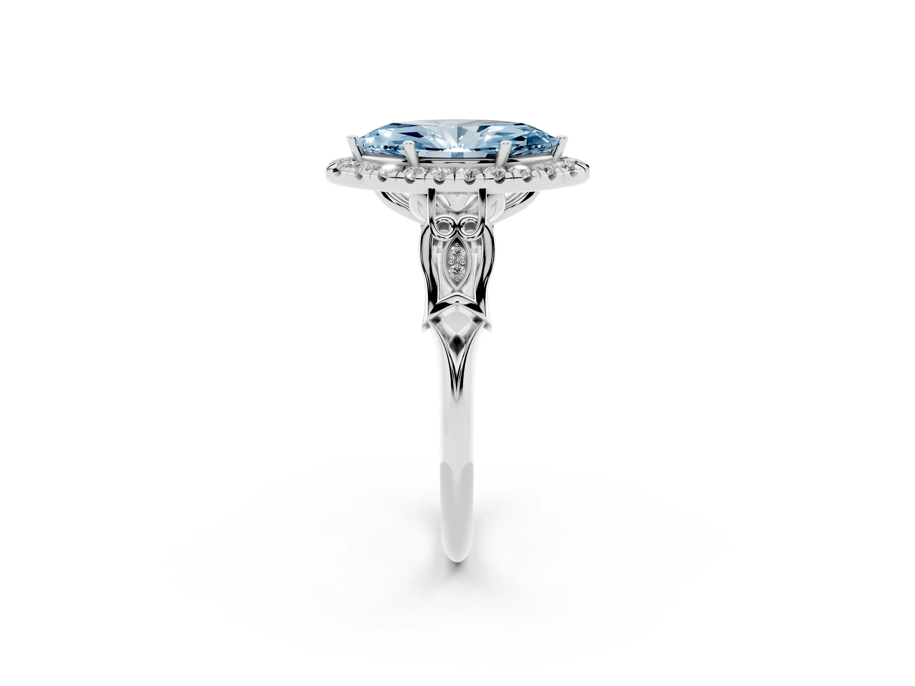 Fancy Blue Marquise Cut Diamond Halo Engagement Ring Set in White gold with Filigree Band and Prong-Set Center