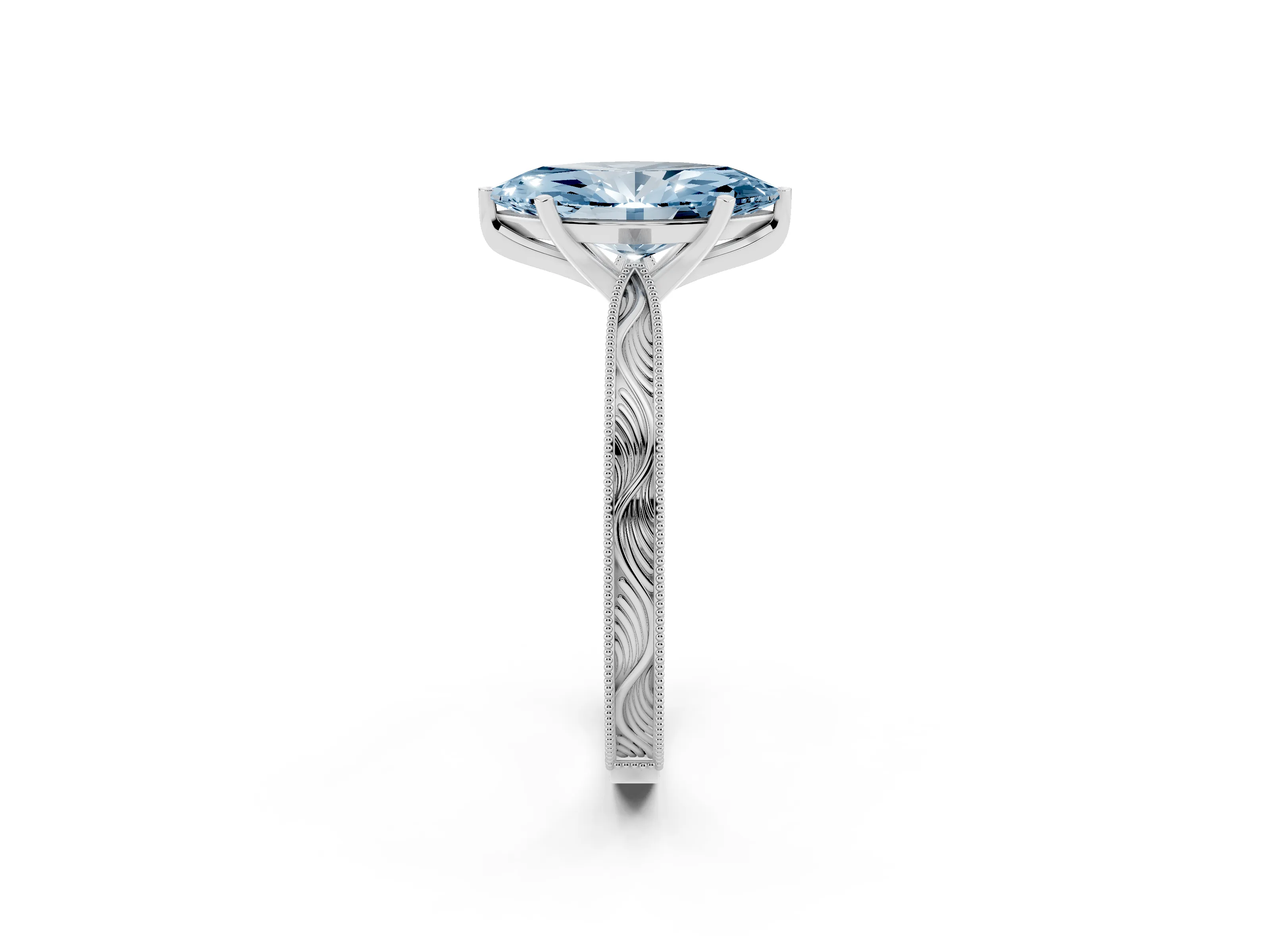 Fancy Blue Marquise Cut Diamond Solitaire Milgrain Engraved Band Set in White gold with Prong Setting