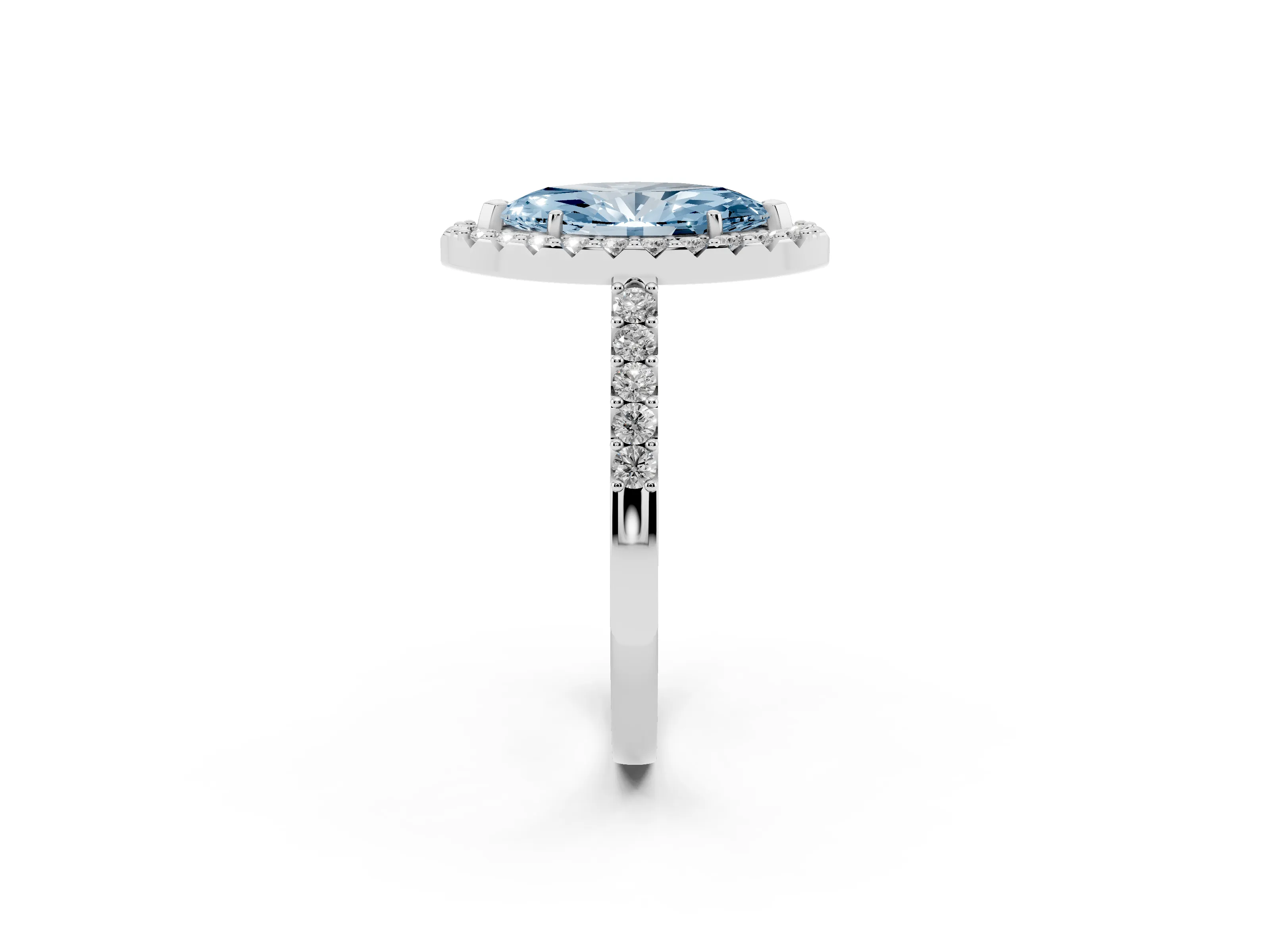 Fancy Blue Marquise Cut Diamond Halo Pavé Solitaire Ring Set in Platinum with Prong-Set Center Stone