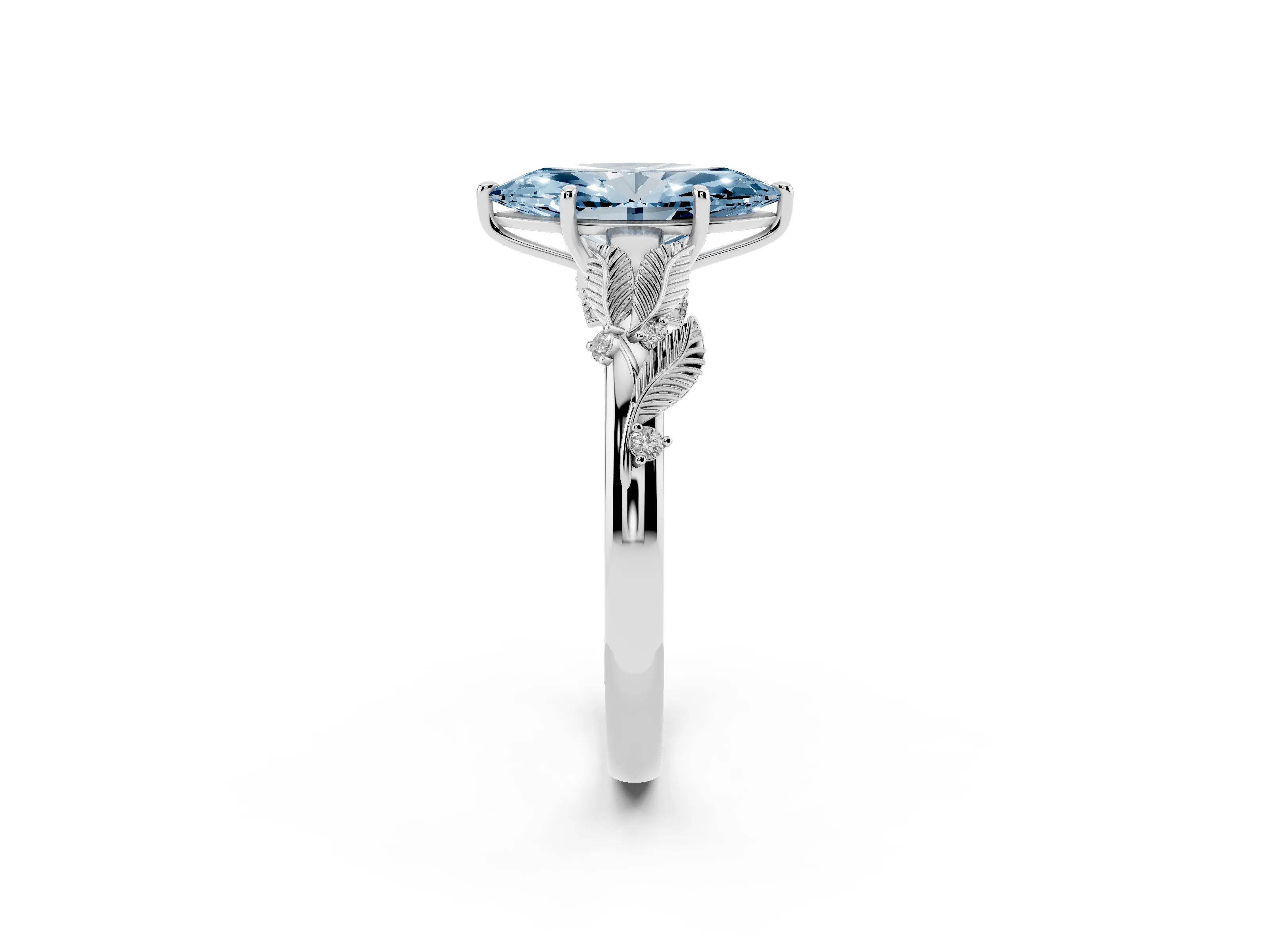 Fancy Blue Marquise Cut Diamond Solitaire Ring Set in Platinum with Leaf Motif Band