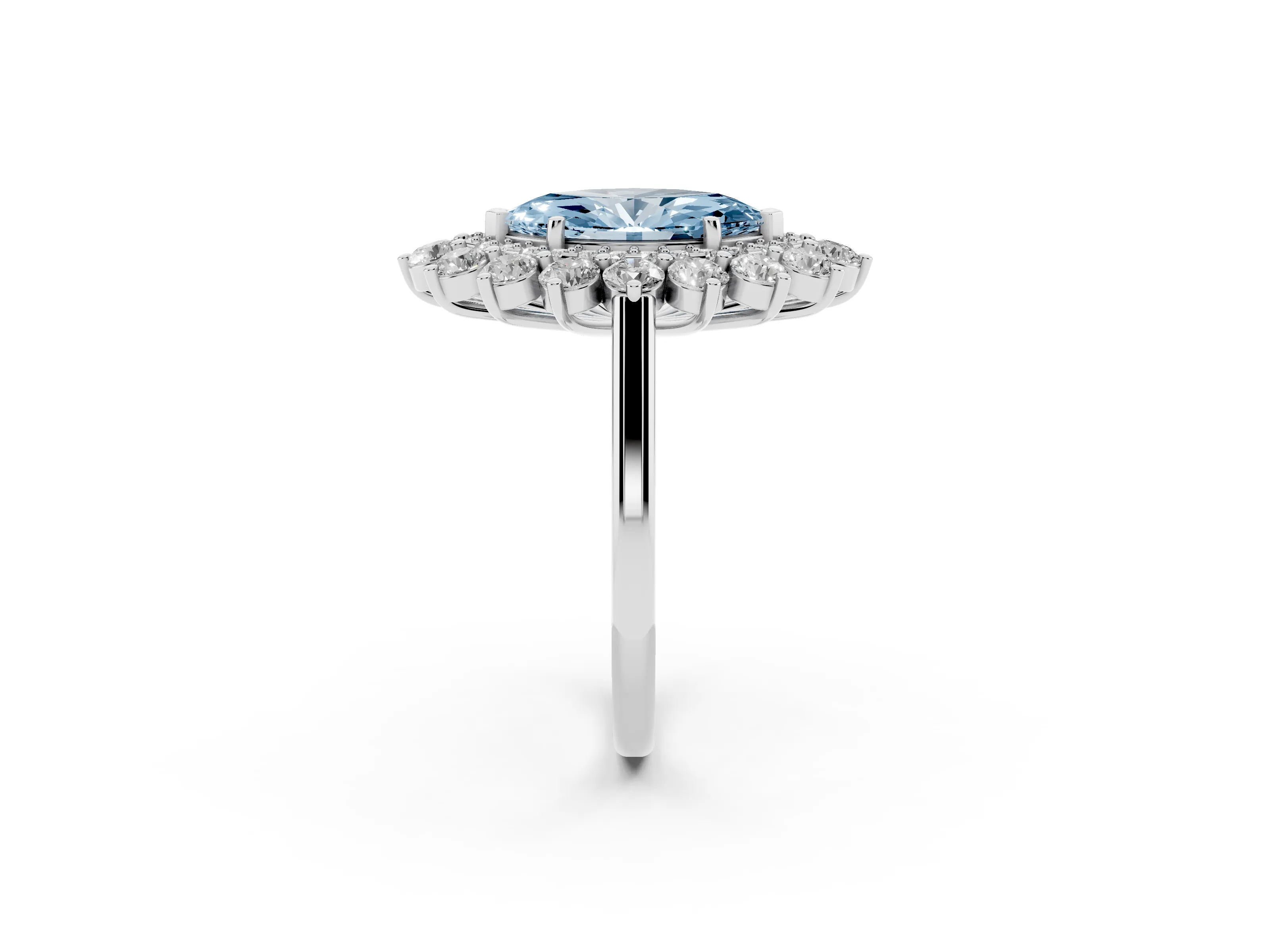 Fancy Blue Marquise Cut Diamond Floral Double Halo Ring Set in Platinum with Round Petals