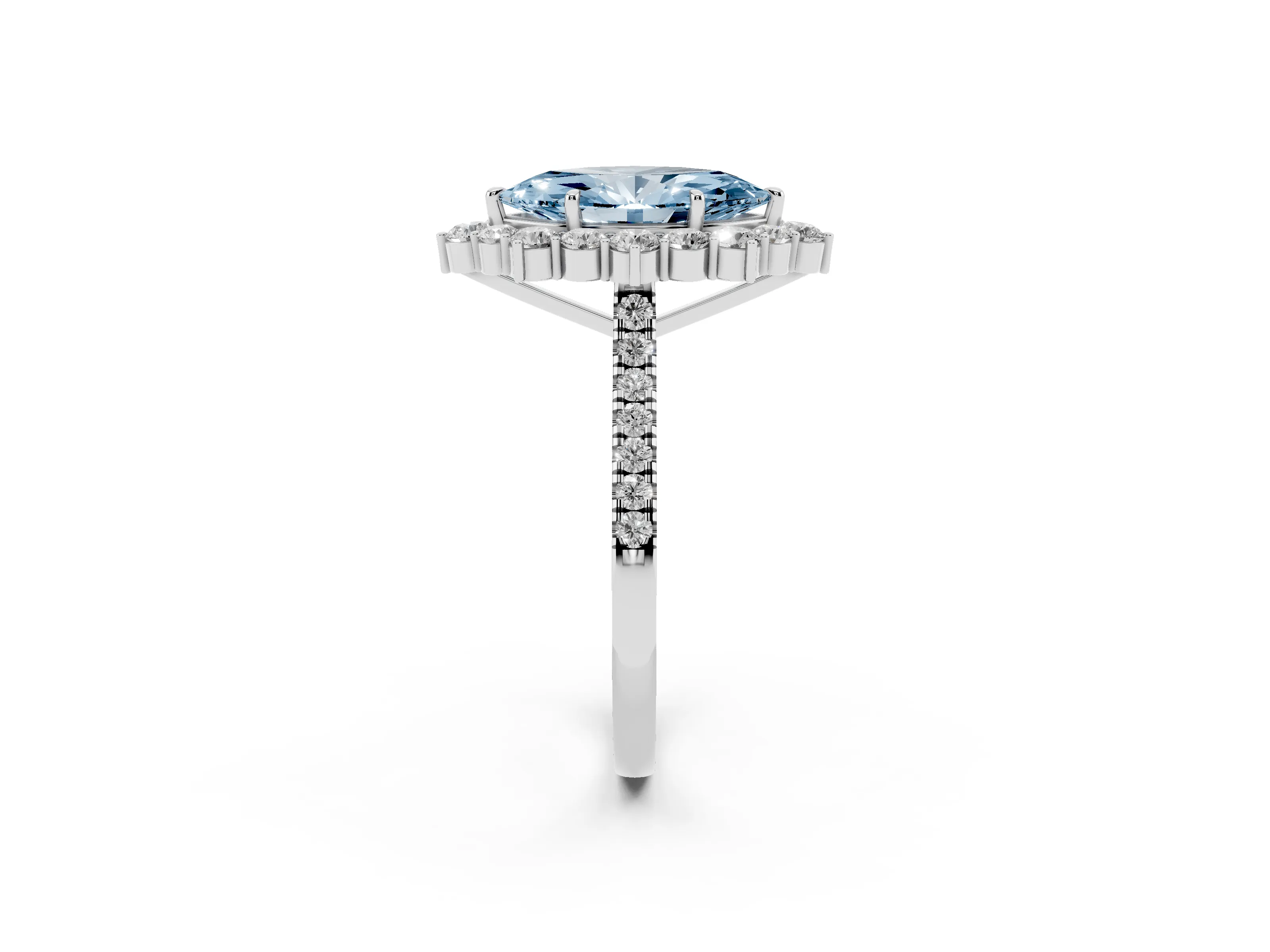Fancy Blue Marquise Cut Diamond Halo Ring Set in White gold with Pavé Band and Prong Setting