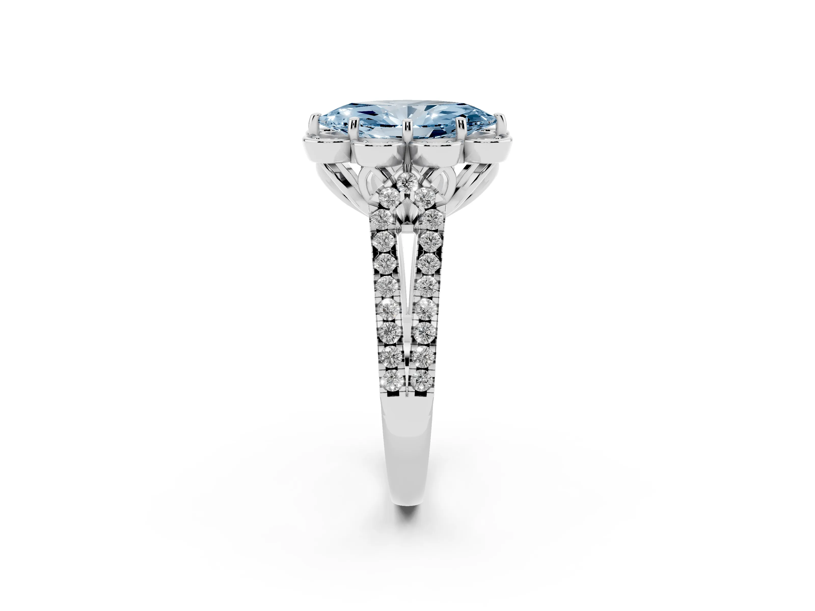 Fancy Blue Marquise Cut Diamond Floral Halo Split Shank Engagement Ring Set in Platinum with Pavé Shank