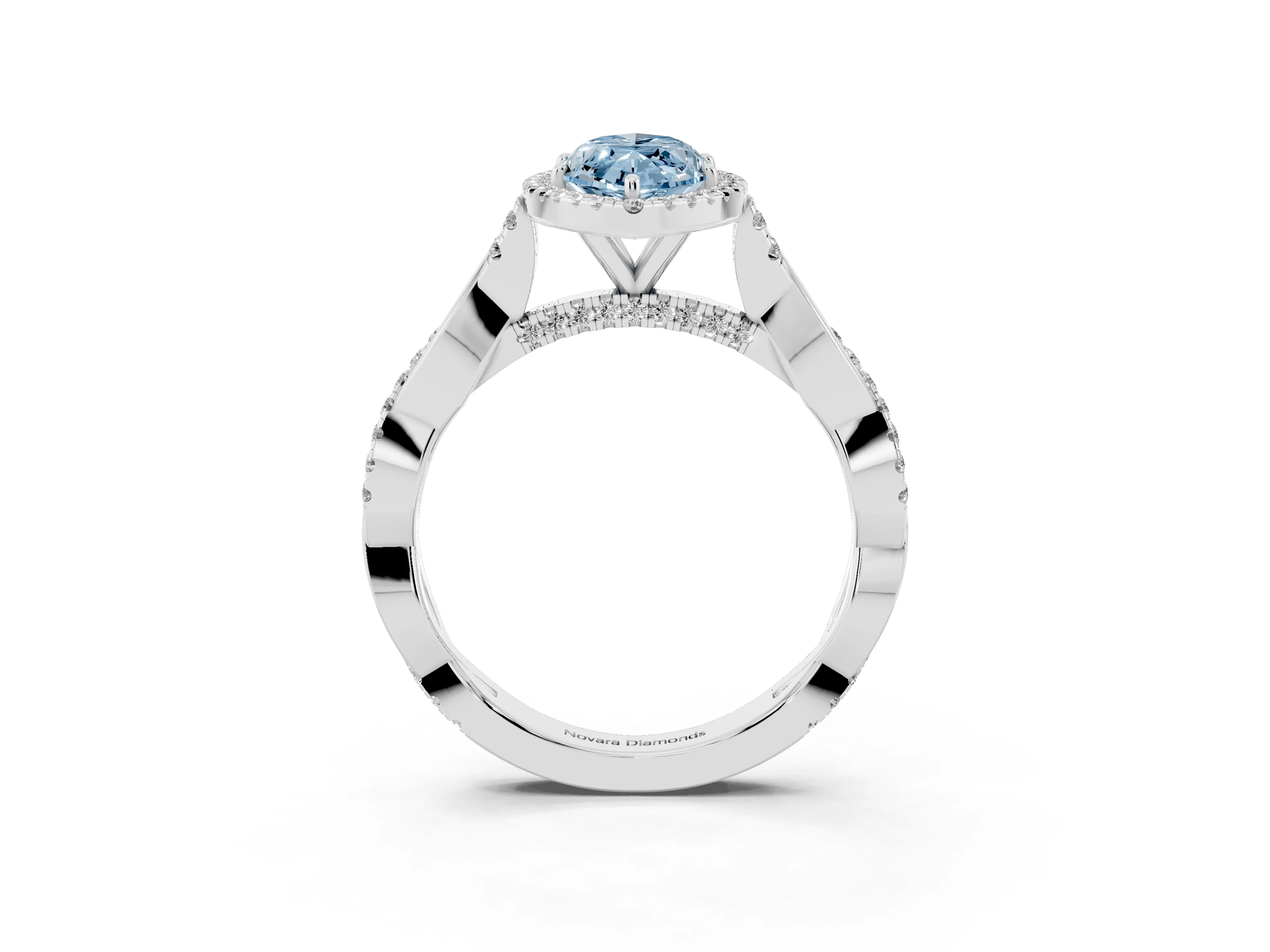 Fancy Blue Marquise Cut Diamond Halo Twist Band Solitaire Ring Set in White gold with Prong Setting