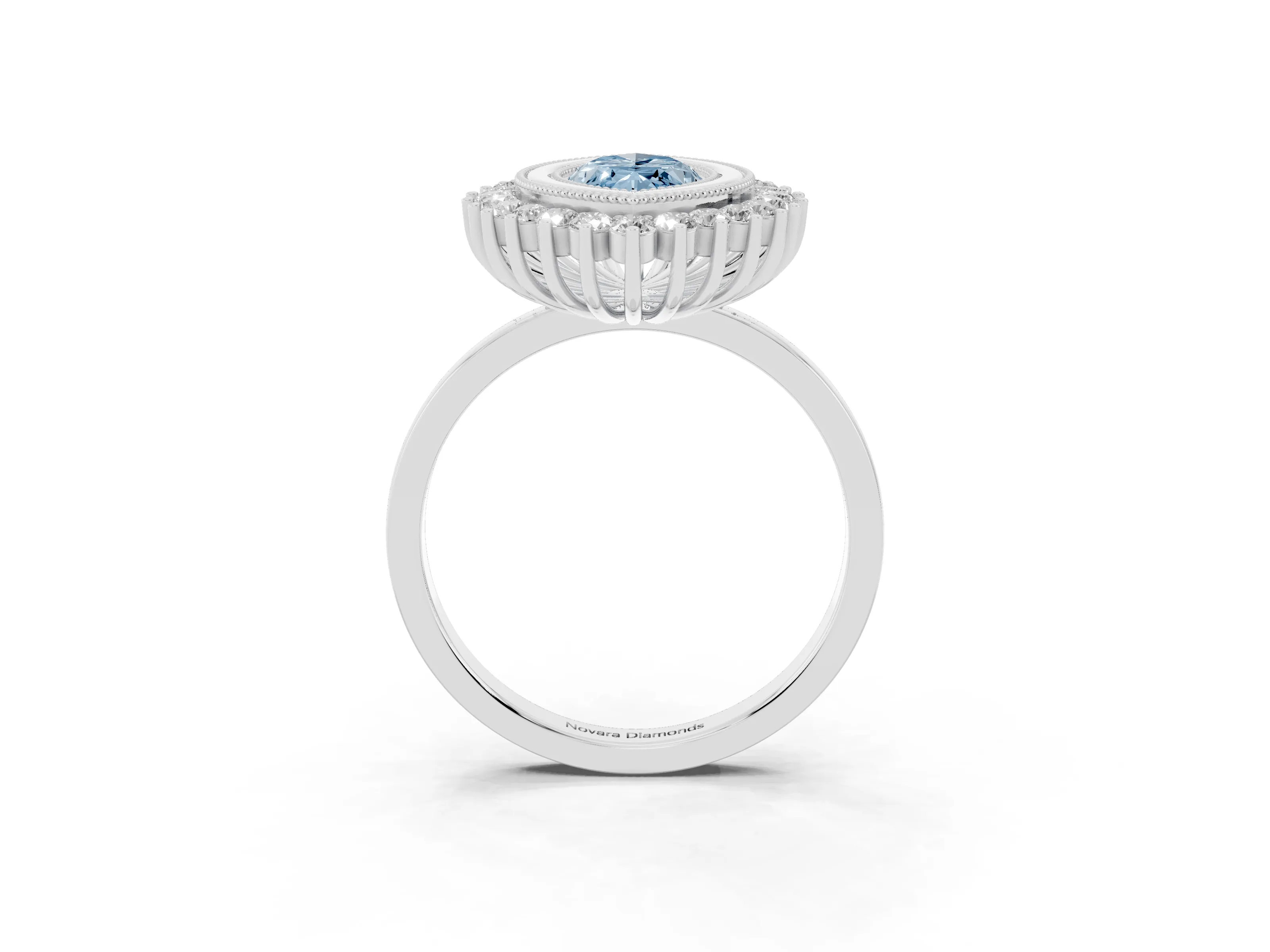 Fancy Blue Marquise Cut Diamond Halo Ring Set in Platinum with Milgrain Edge and Round Prong Setting