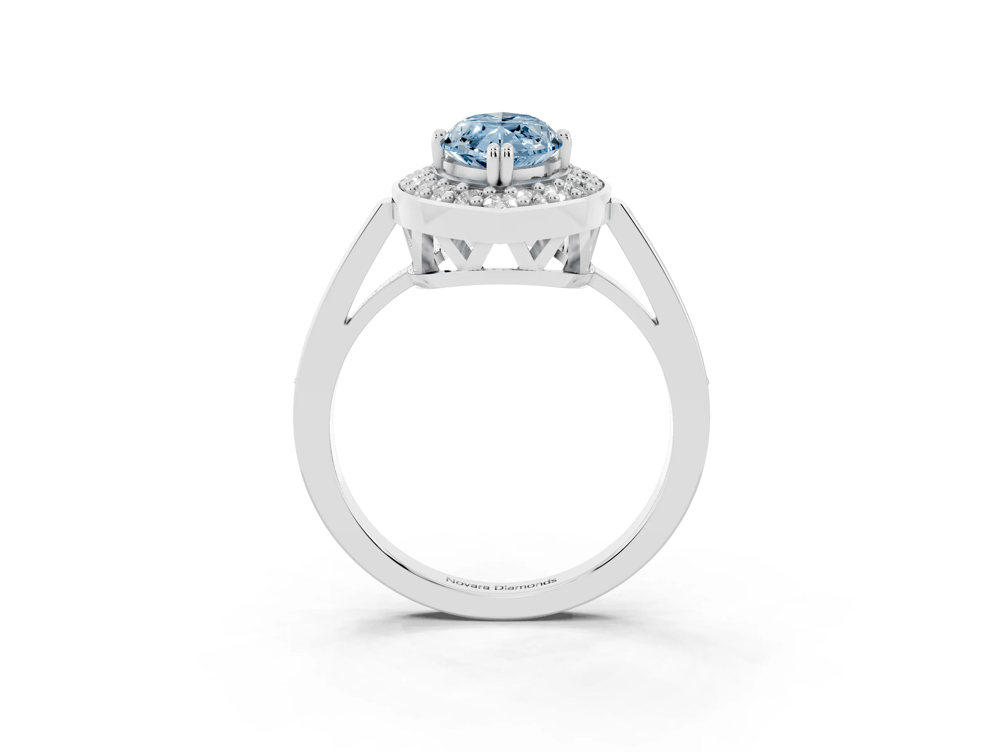 Fancy Blue Marquise Cut Diamond Halo Ring Set in Platinum with Accent-Lined Split Shank and Prong Setting