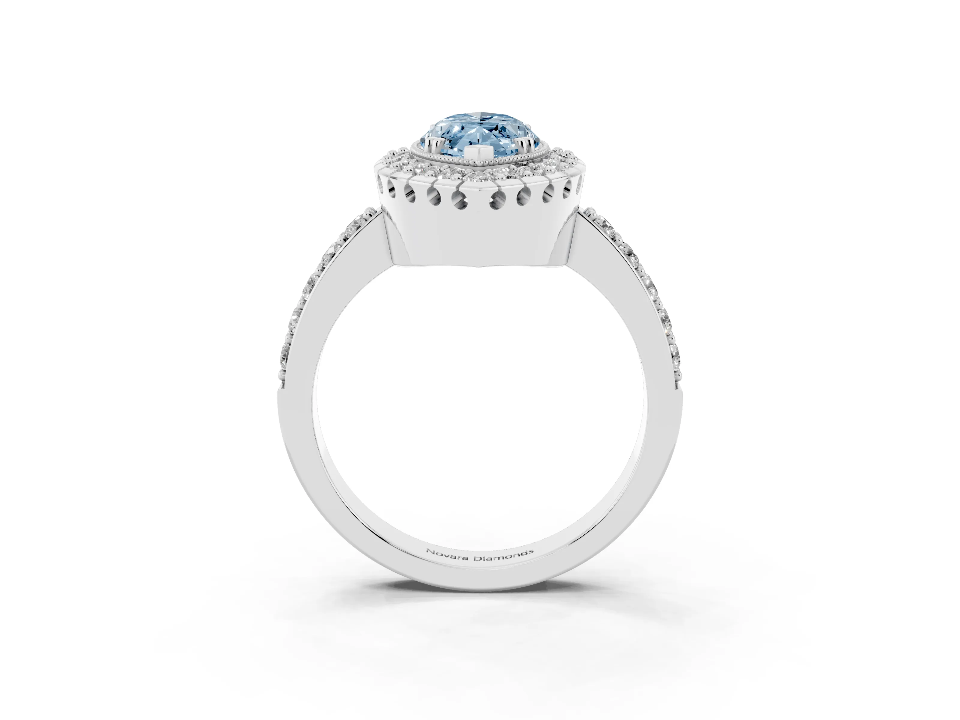 Fancy Blue Marquise Cut Diamond Halo Ring Set in White gold with Pavé Shank and Prong Setting