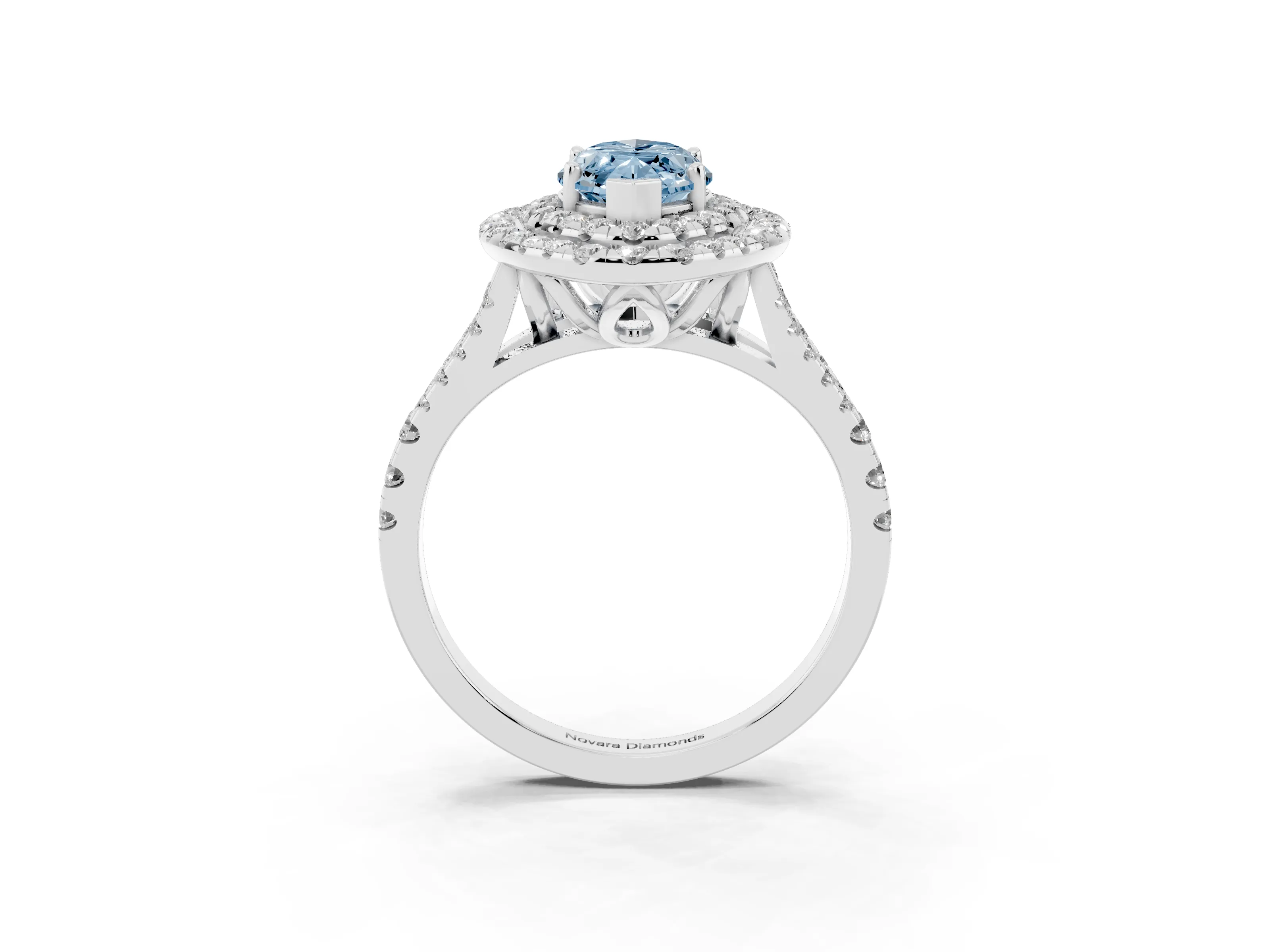 Fancy Blue Marquise Cut Diamond Double Halo Ring Set in Platinum with Pavé Split Shank and Prong Setting