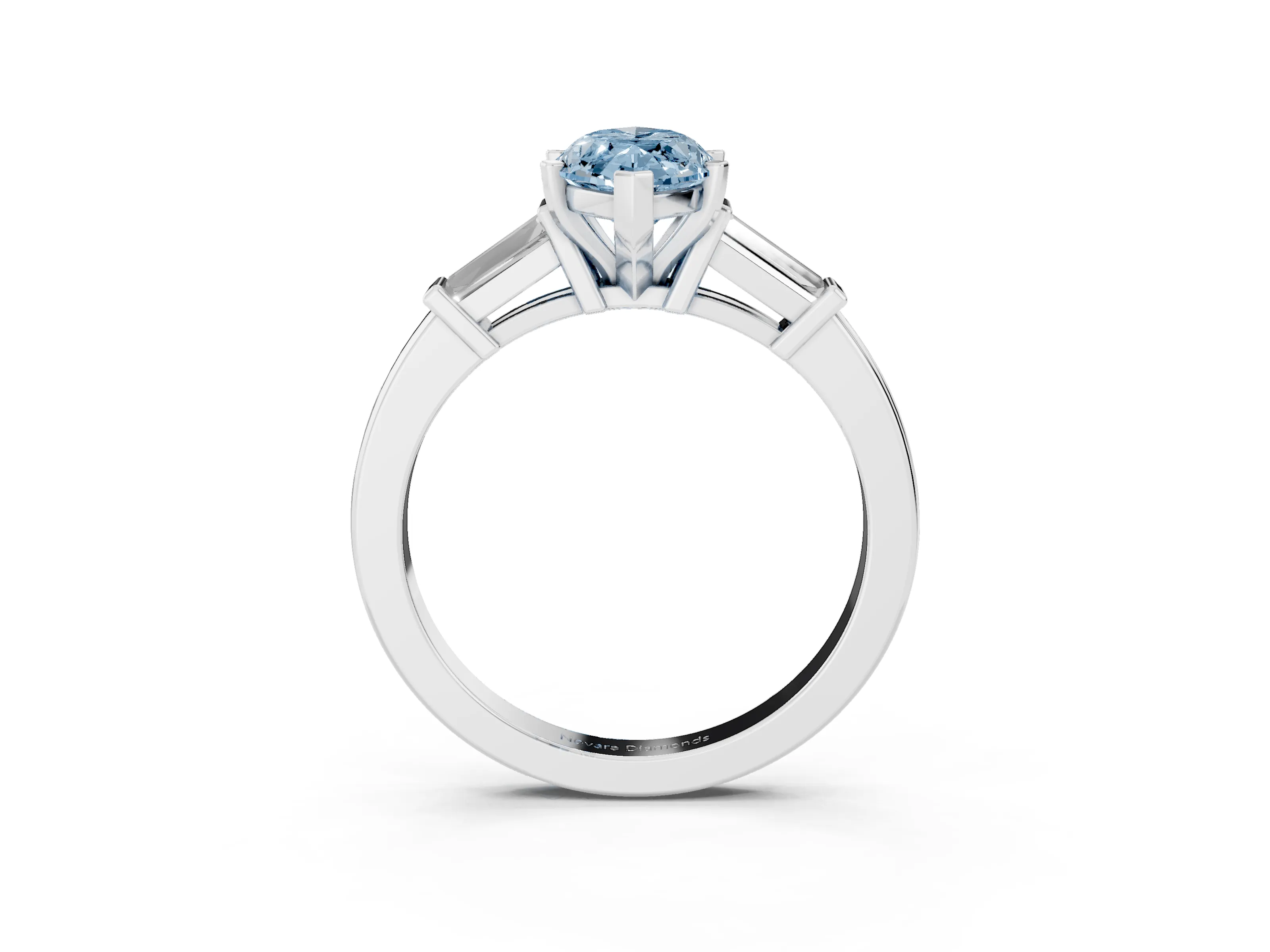 Fancy Blue Marquise Cut Diamond Solitaire Ring Set in White gold with Tapered Baguette Accents and Prong Setting