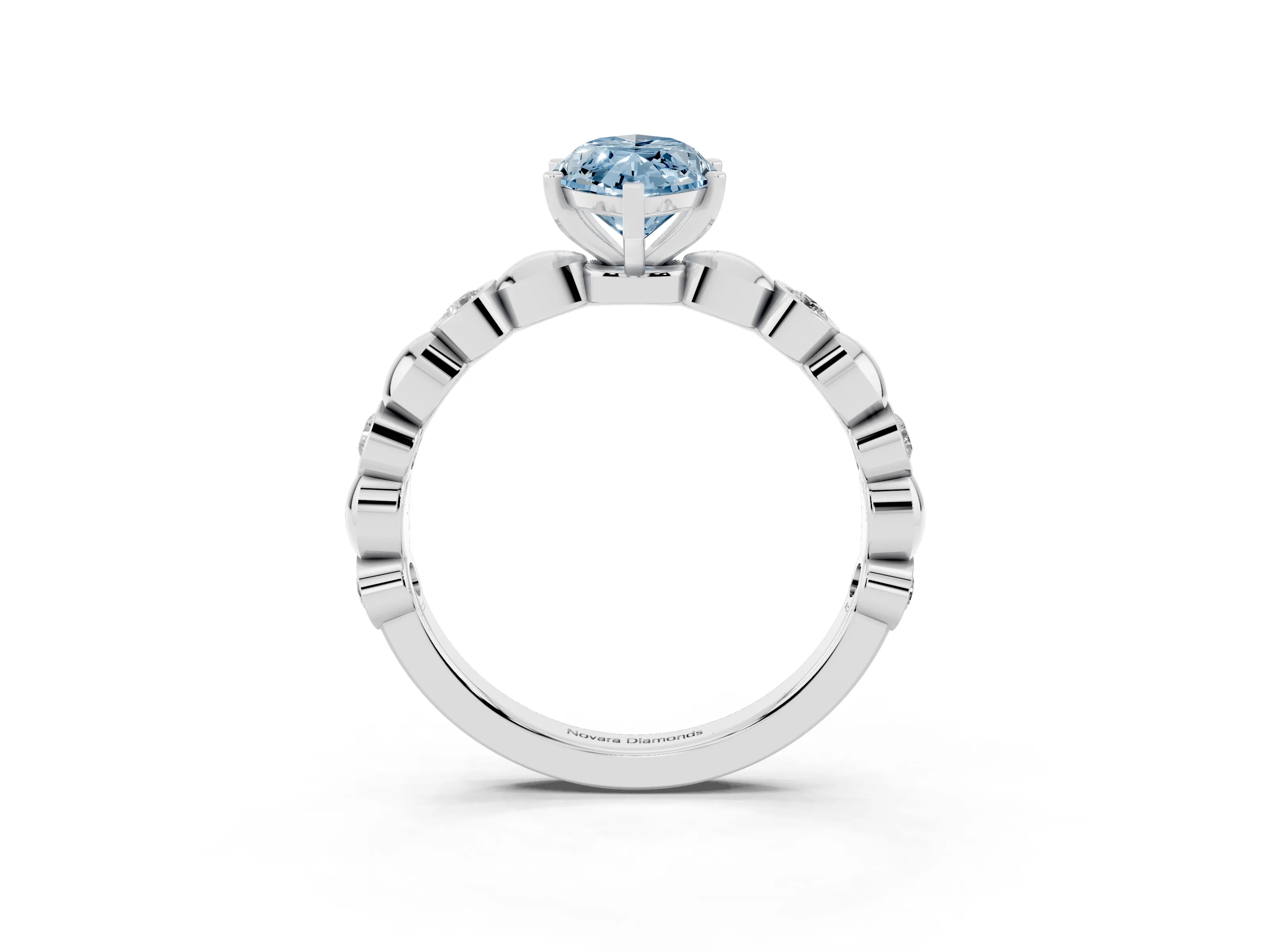Fancy Blue Marquise Cut Diamond Solitaire Ring Set in Silver with Bezel-Set Accents on Beaded Band and Prong Setting