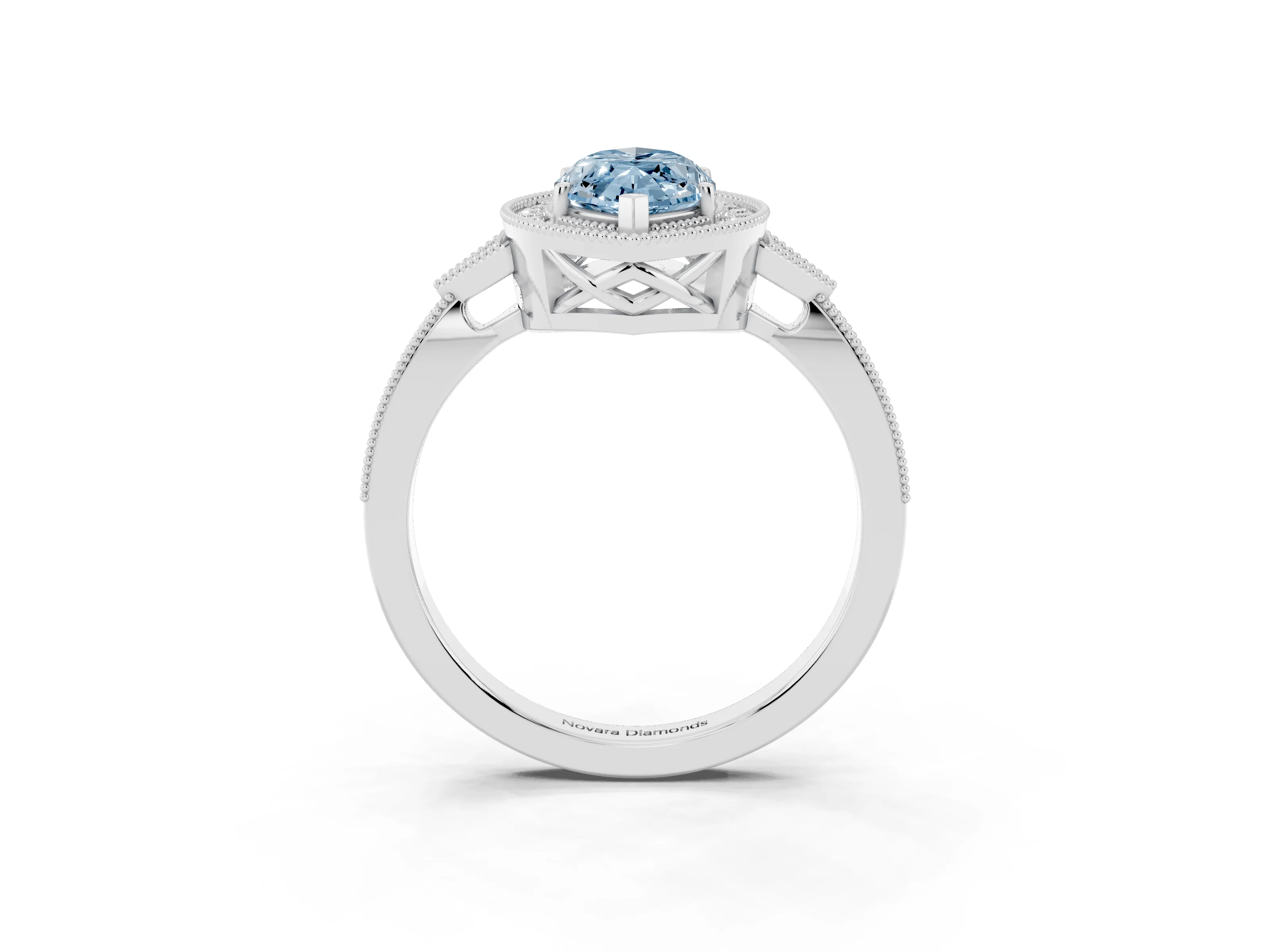 Fancy Blue Marquise Cut Diamond Halo Engagement Ring Set in Platinum with Milgrain Pavé Band
