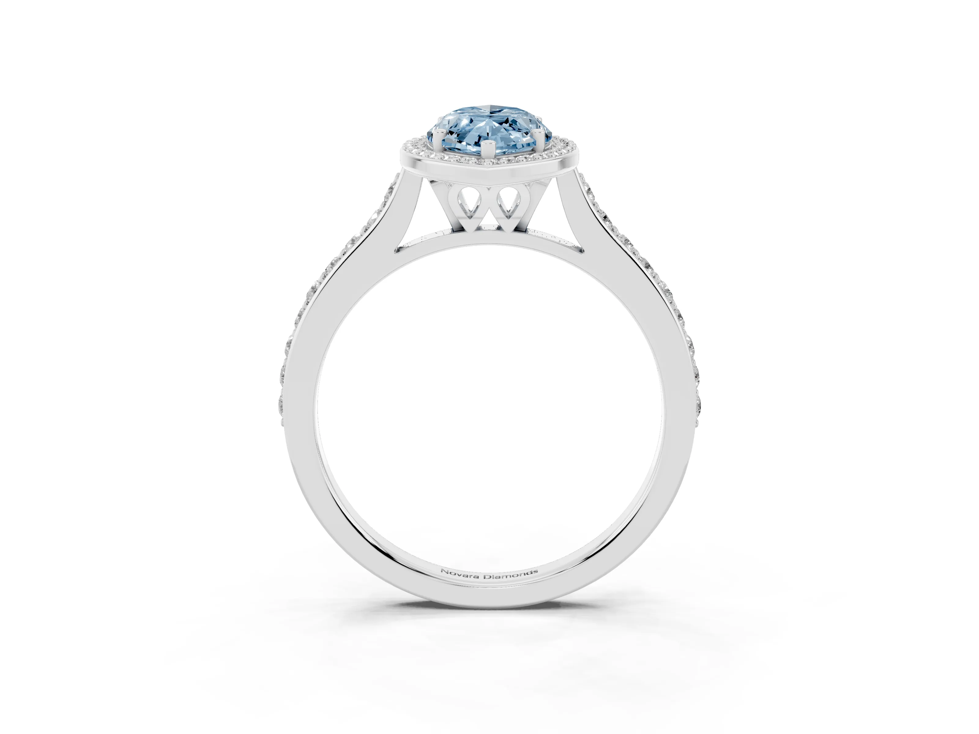Fancy Blue Marquise Cut Diamond Halo Engagement Ring Set in Silver with Round Pavé Shoulders and Heart Gallery