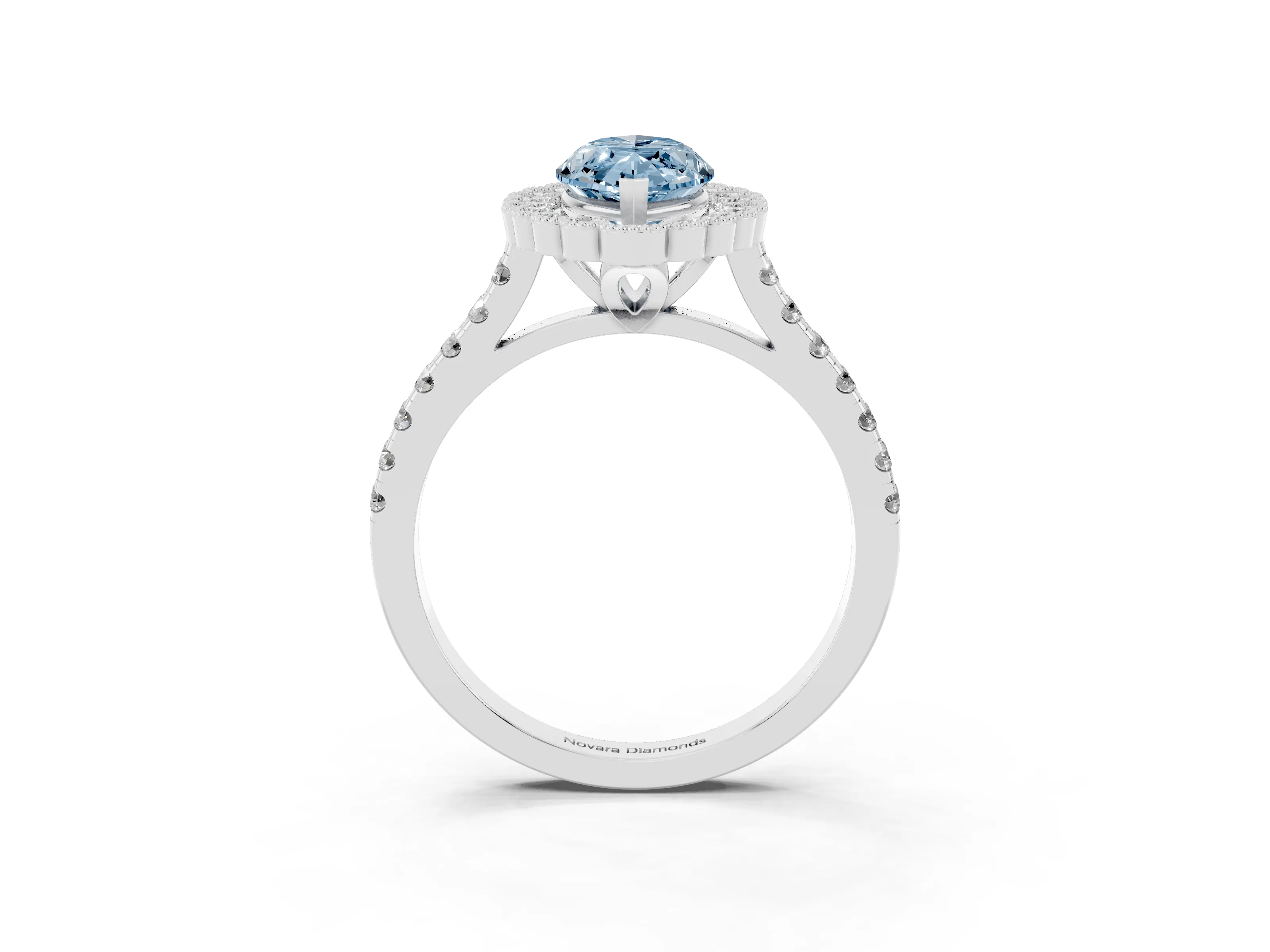 Fancy Blue Marquise Cut Diamond Milgrain Floral Halo Engagement Ring Set in White gold with Pavé Band