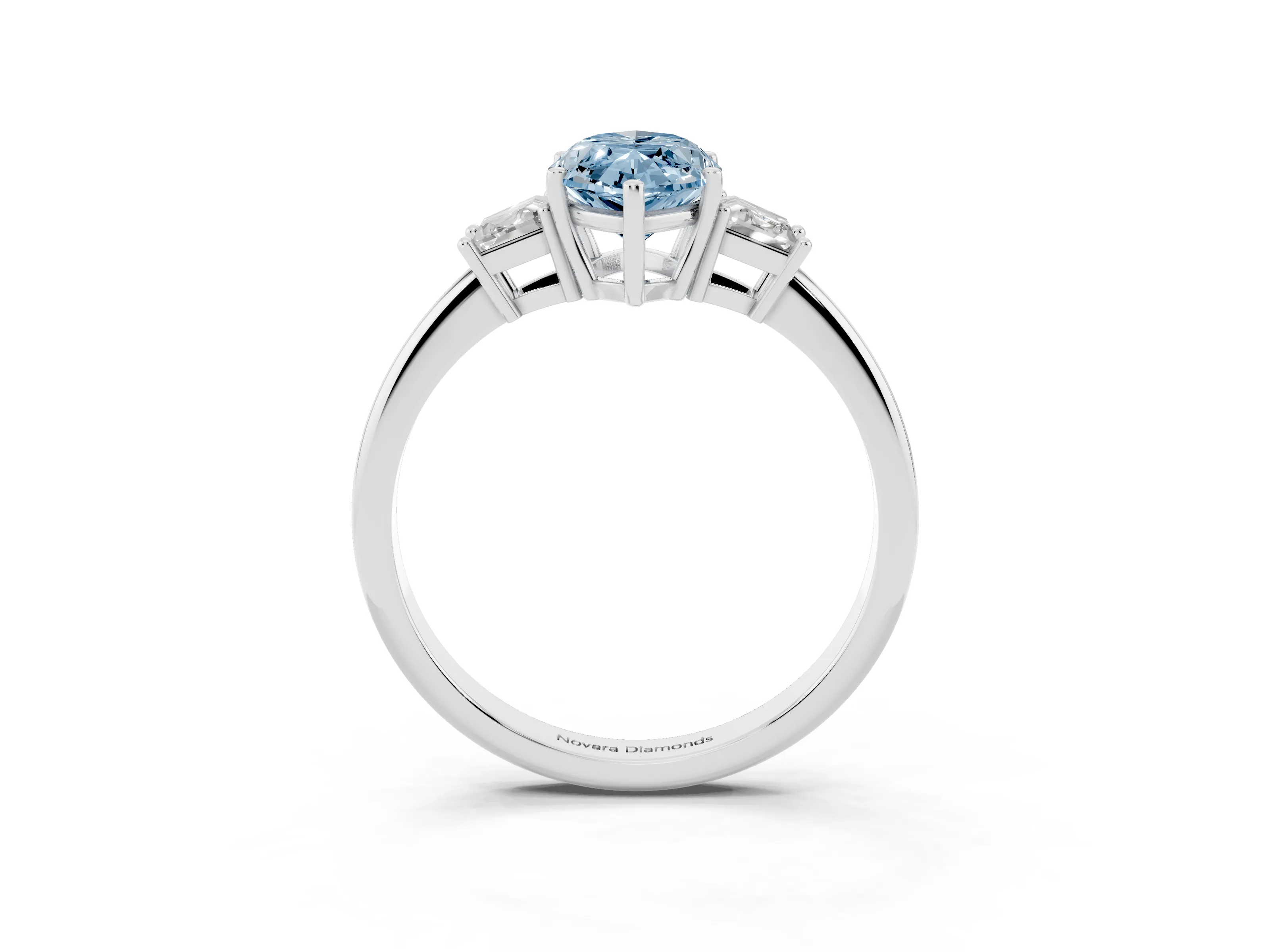 Fancy Blue Marquise Cut Diamond Three-Stone Ring Set in Silver with Trapezoid Side Stones and Prong Setting