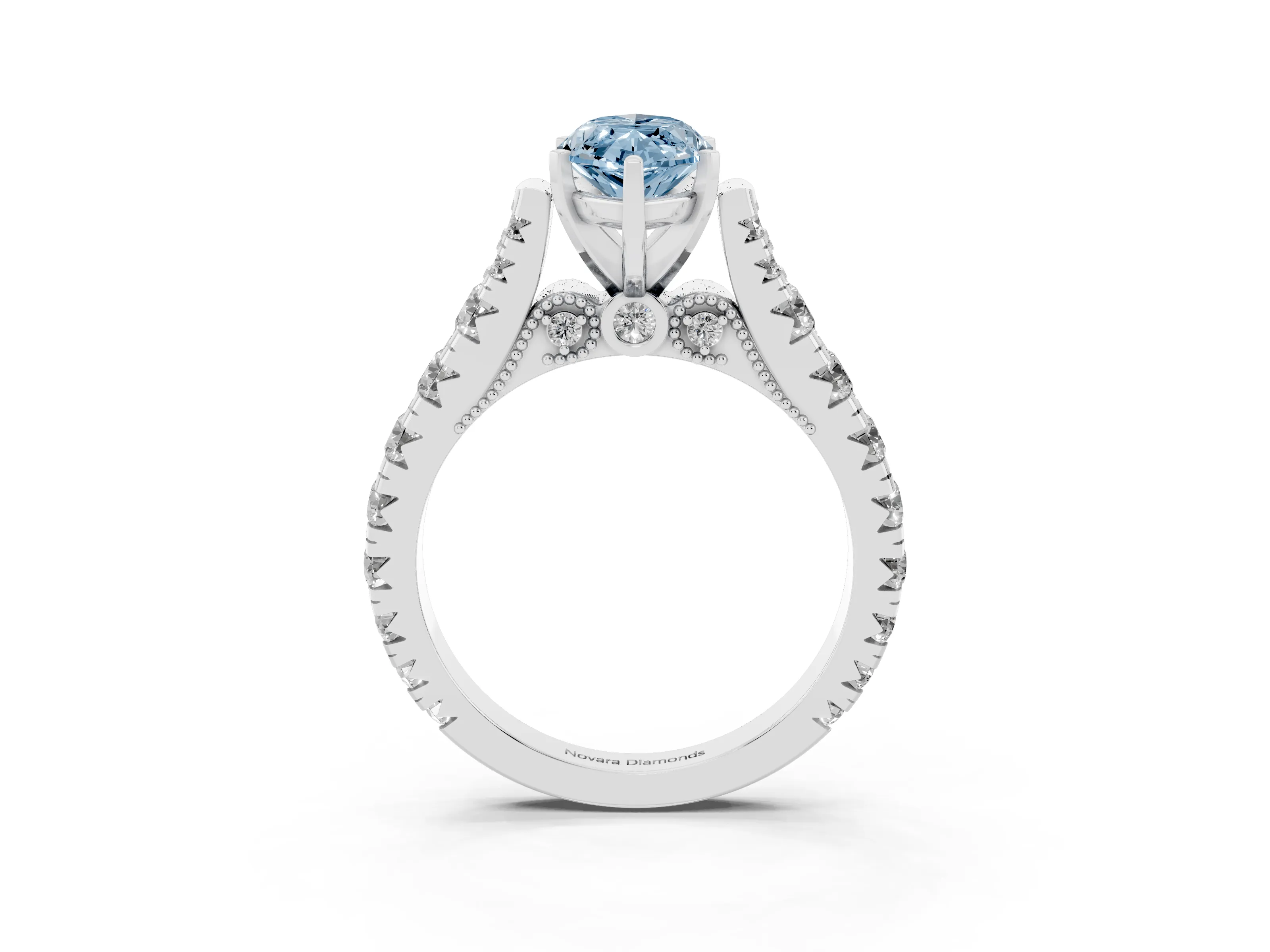 Fancy Blue Marquise Cut Diamond Classic Solitaire Ring Set in White gold with Pavé Band and Prong Setting
