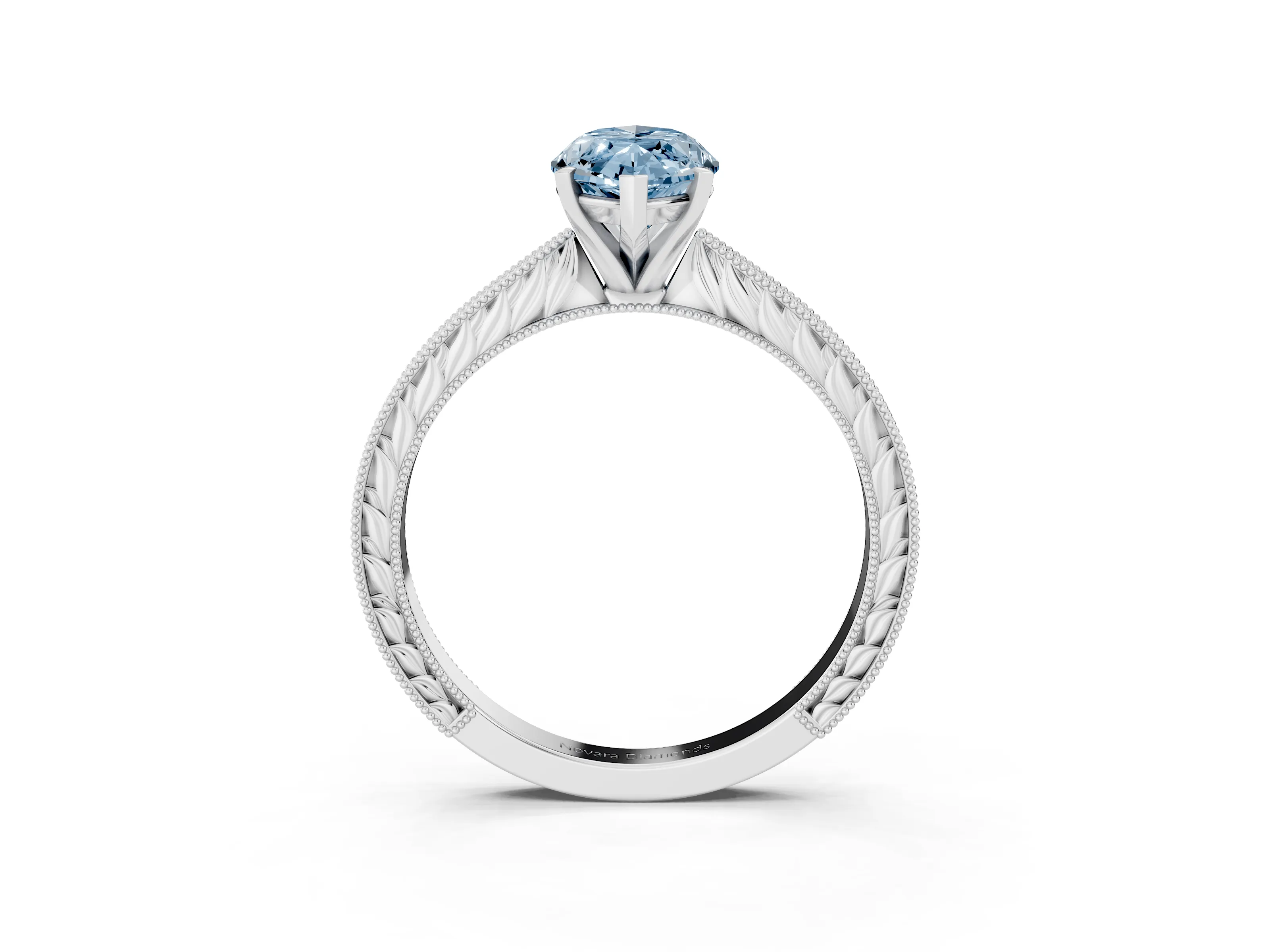 Fancy Blue Marquise Cut Diamond Solitaire Milgrain Engraved Band Set in White gold with Prong Setting