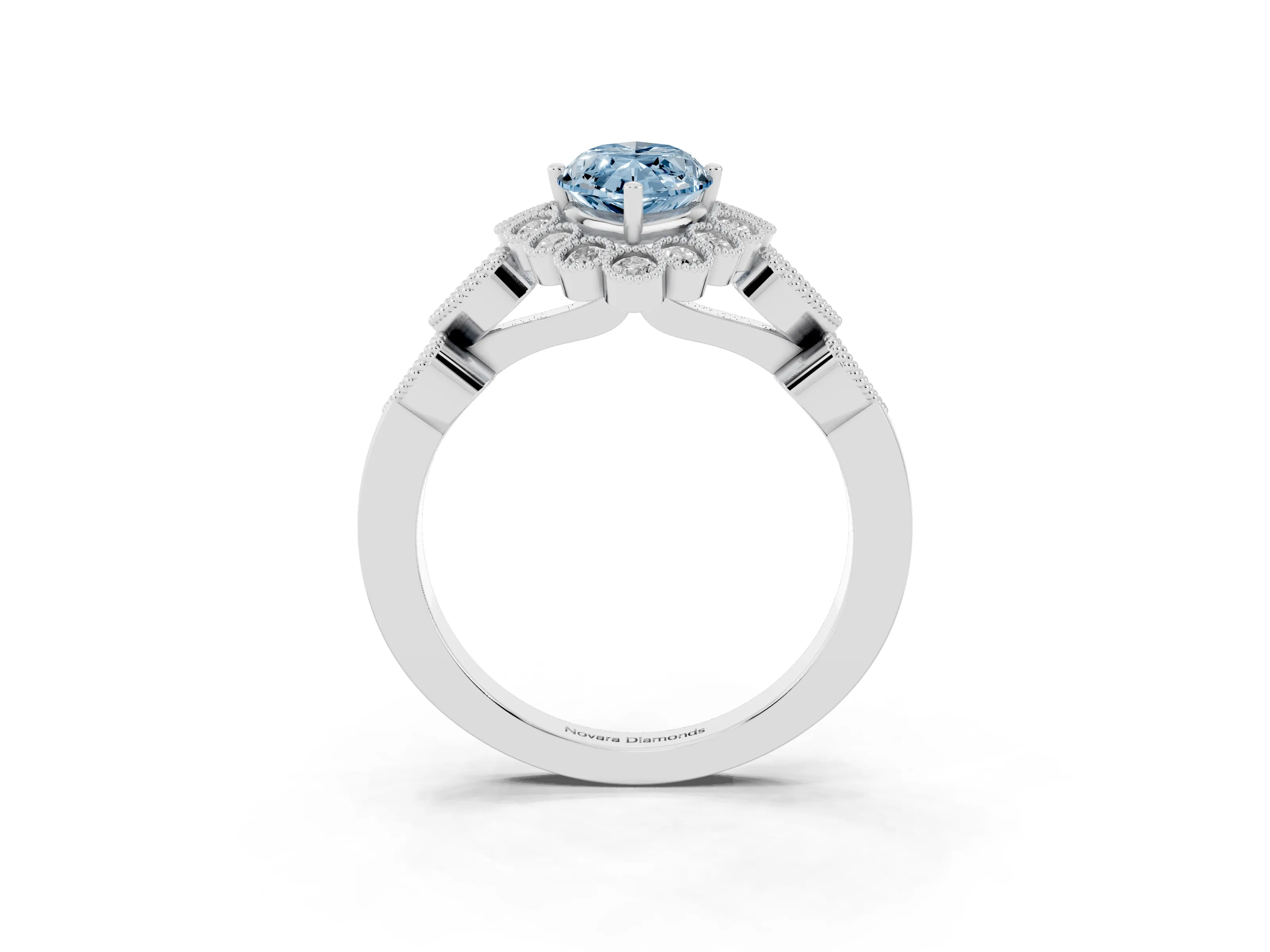 Fancy Blue Marquise Cut Diamond Solitaire Ring Set in White gold with Milgrain Pavé Heart Band