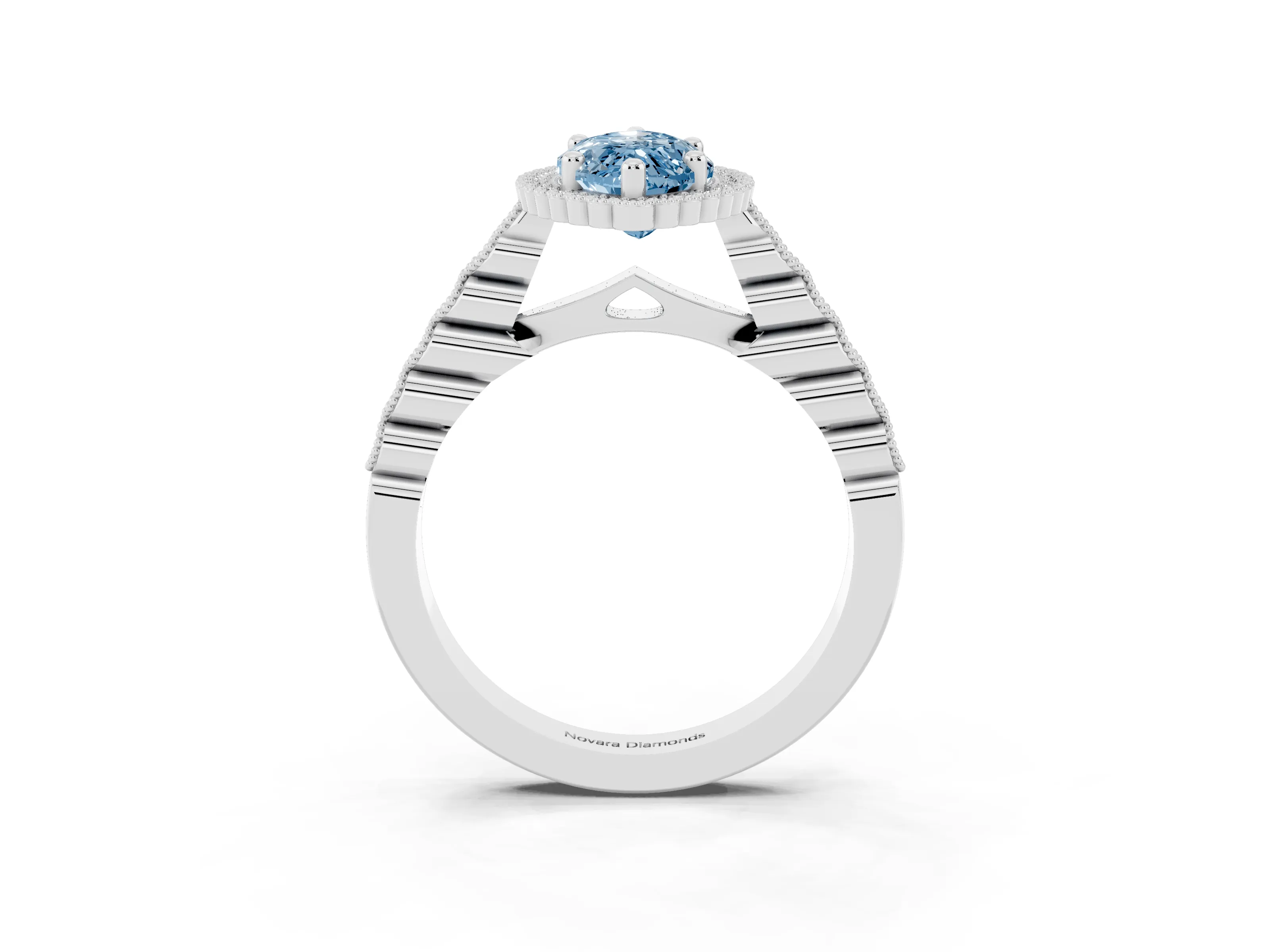 Fancy Blue Marquise Cut Diamond Halo Ring Set in White gold with Pavé Milgrain Band