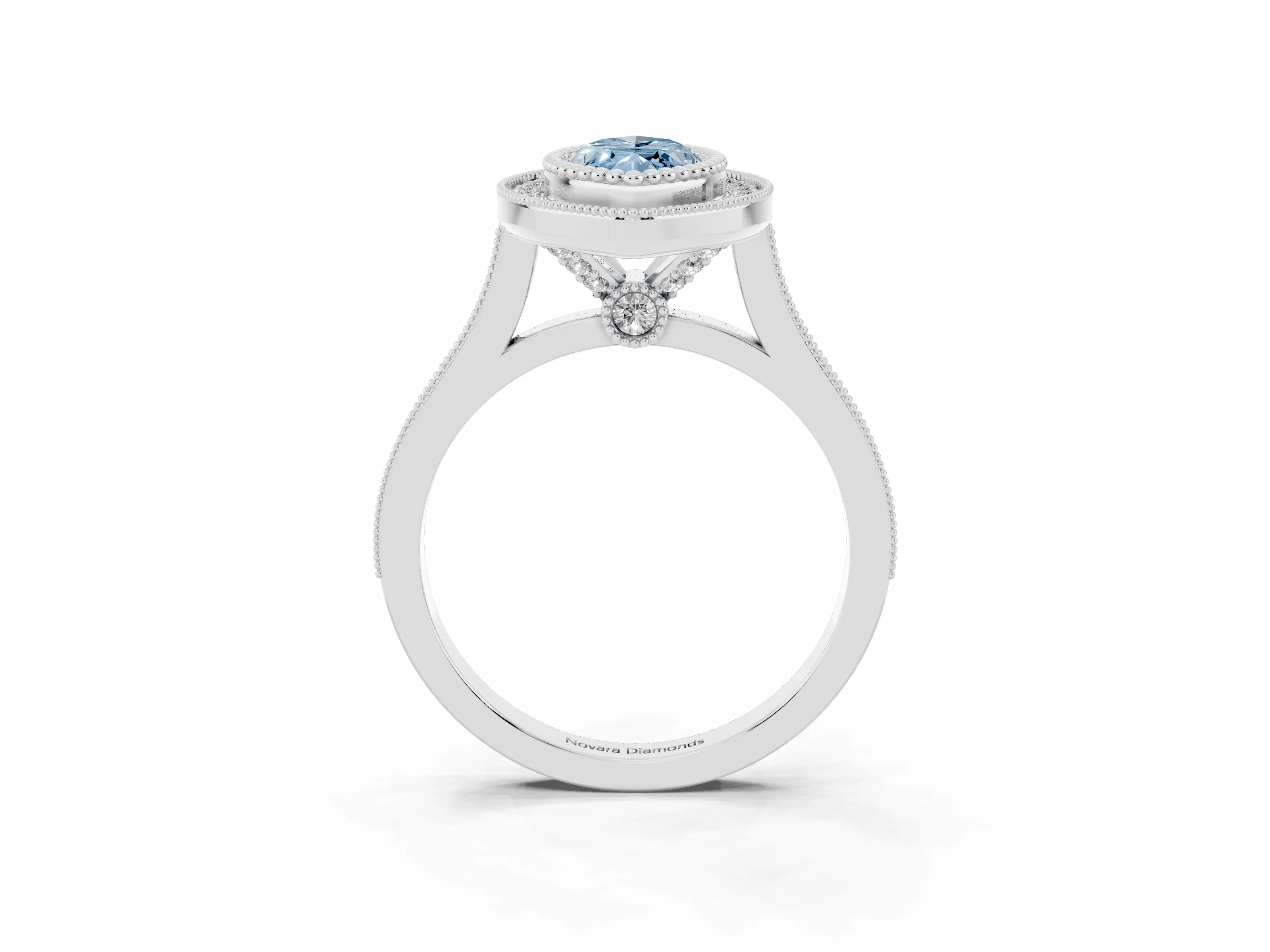Fancy Blue Marquise Cut Diamond Halo Ring Set in Silver with Milgrain Frame and Pavé Band
