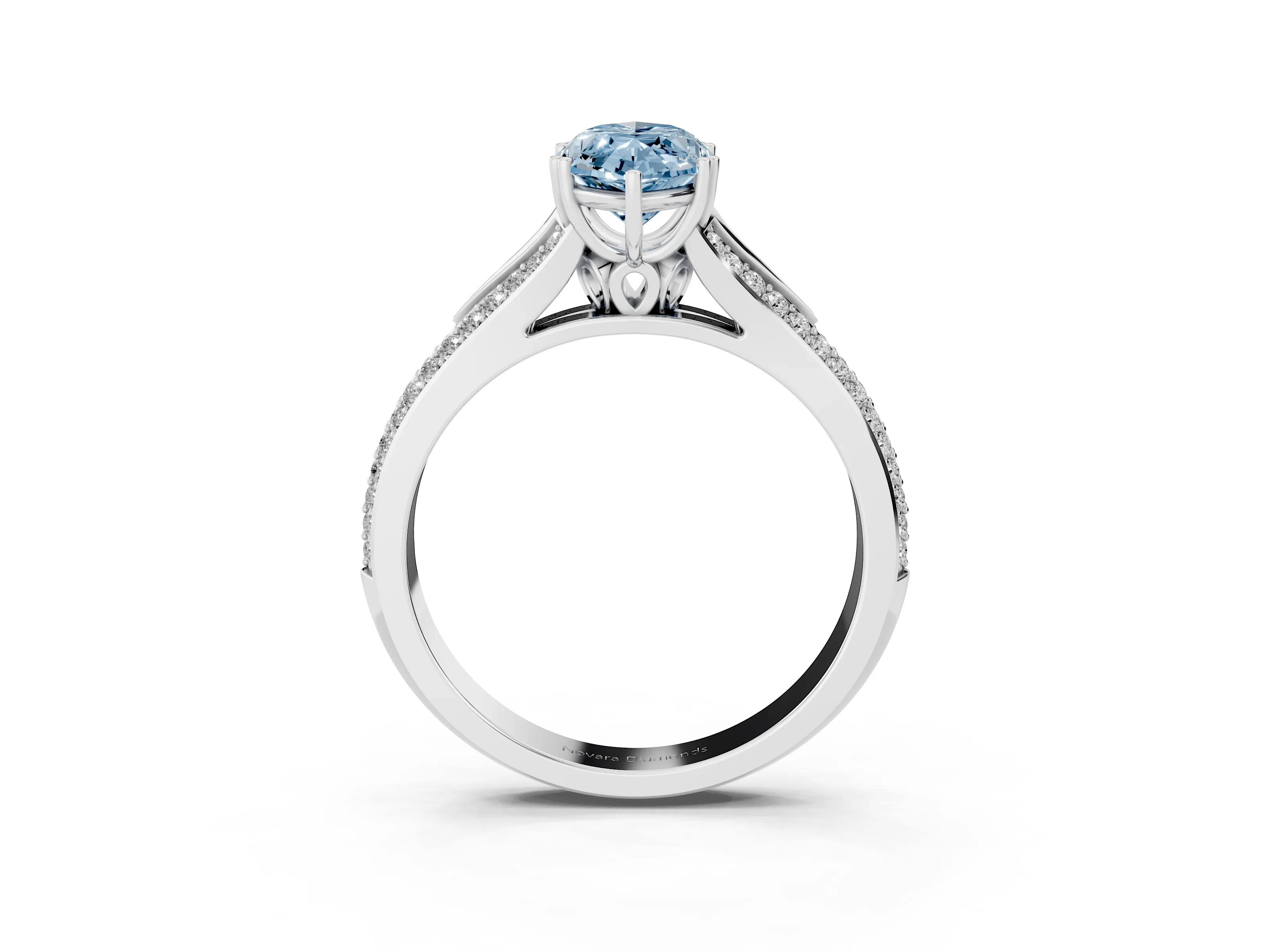 Fancy Blue Marquise Cut Diamond Split Shank Pavé Engagement Ring Set in White gold with Prong-Set Center Stone