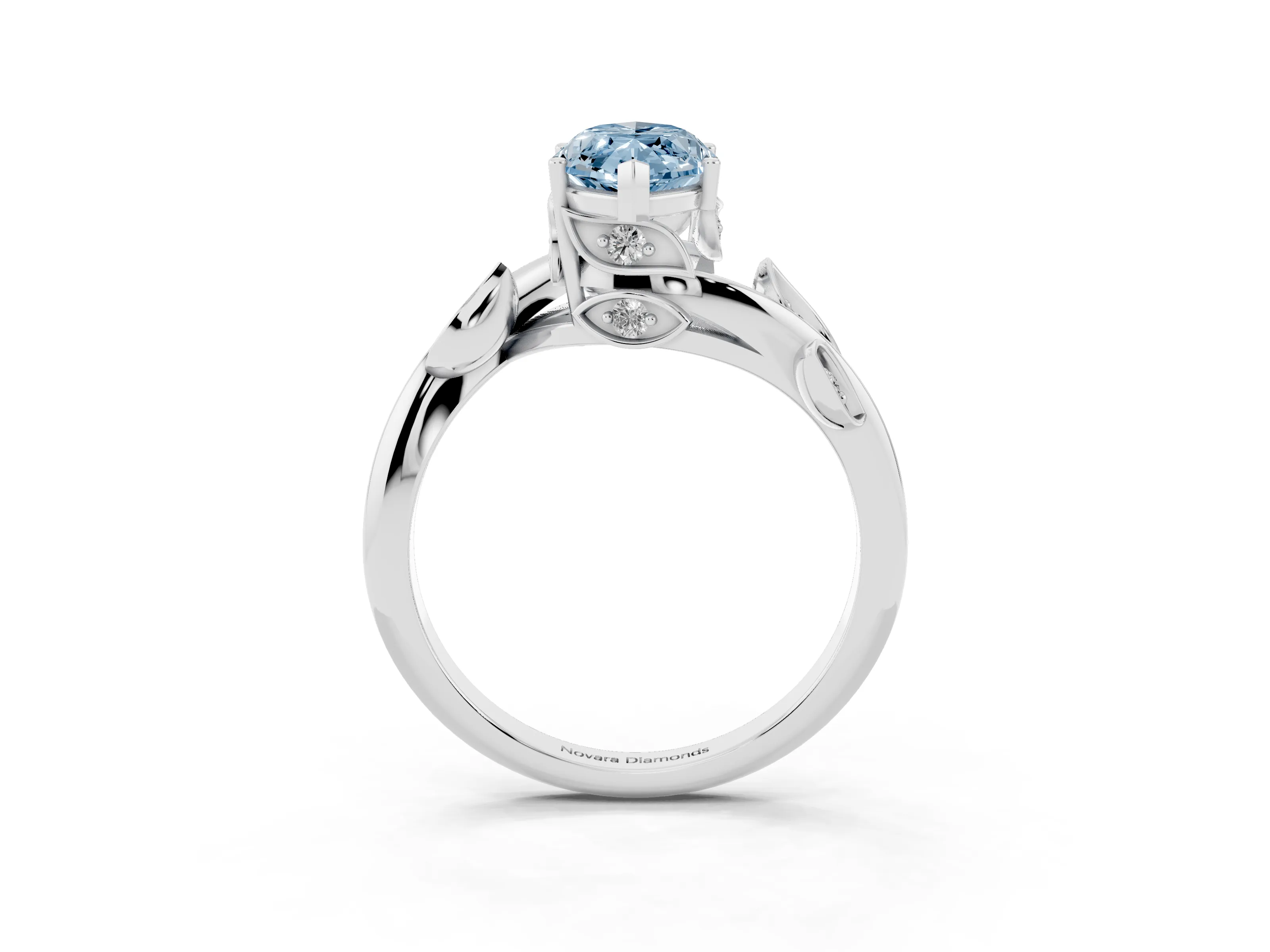 Fancy Blue Marquise Cut Diamond Solitaire Twist Engagement Ring Set in White gold with Pavé Leaf Accents