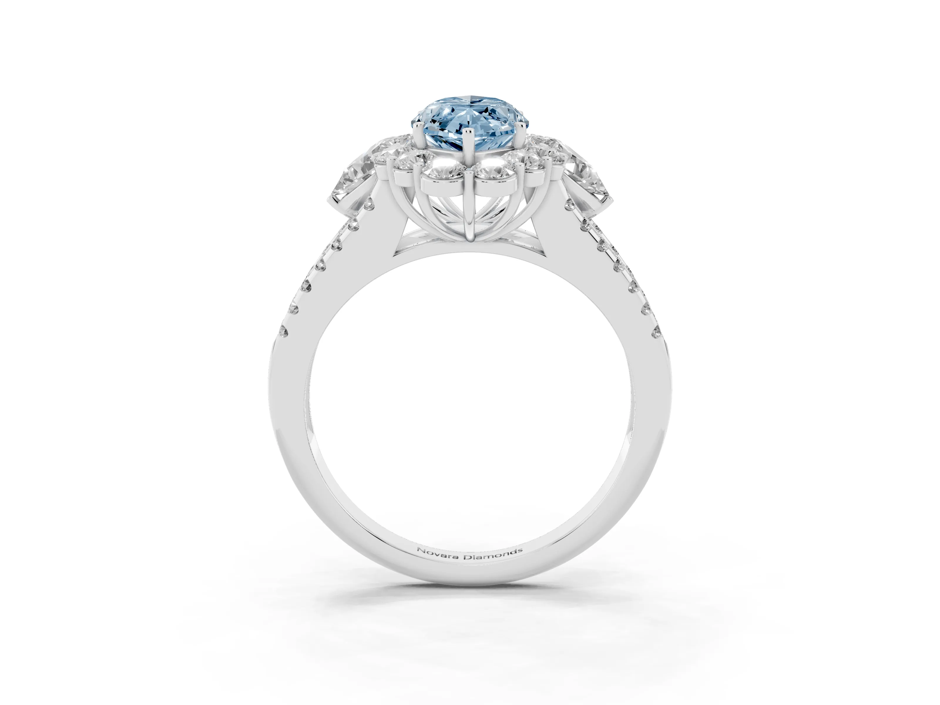 Fancy Blue Marquise Cut Diamond Halo Split Shank Engagement Ring Set in Silver with Prong-Held Center Stone