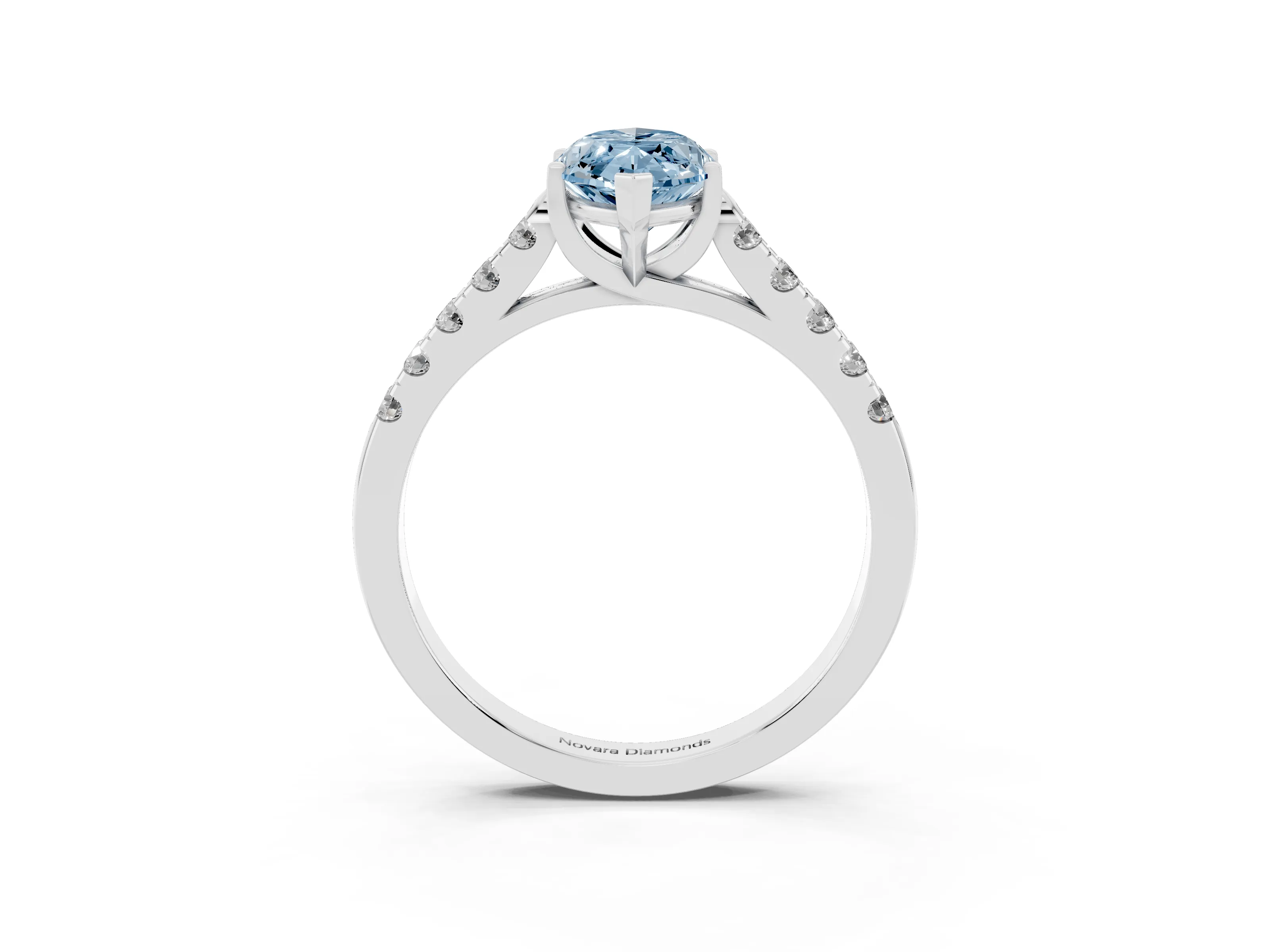 Fancy Blue Marquise Cut Diamond Pavé Band Solitaire Ring Set in White gold with Partway Accent Stones and Prong Setting